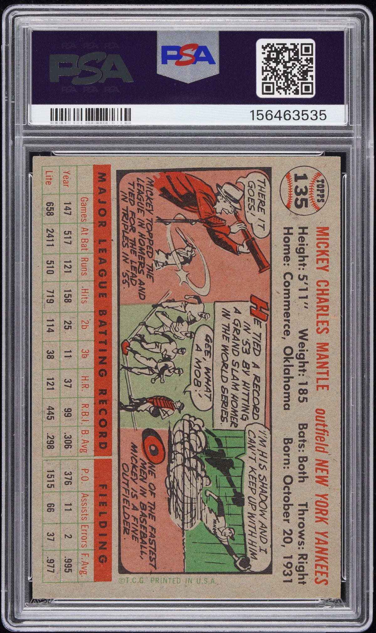 1956 Topps Mickey Mantle #135 Gray Back PSA 6