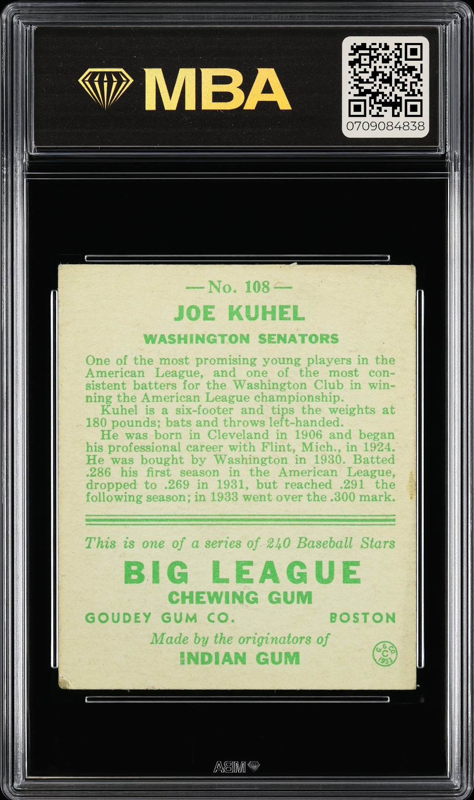 1933 Goudey Joe Kuhel #108 MBA 4