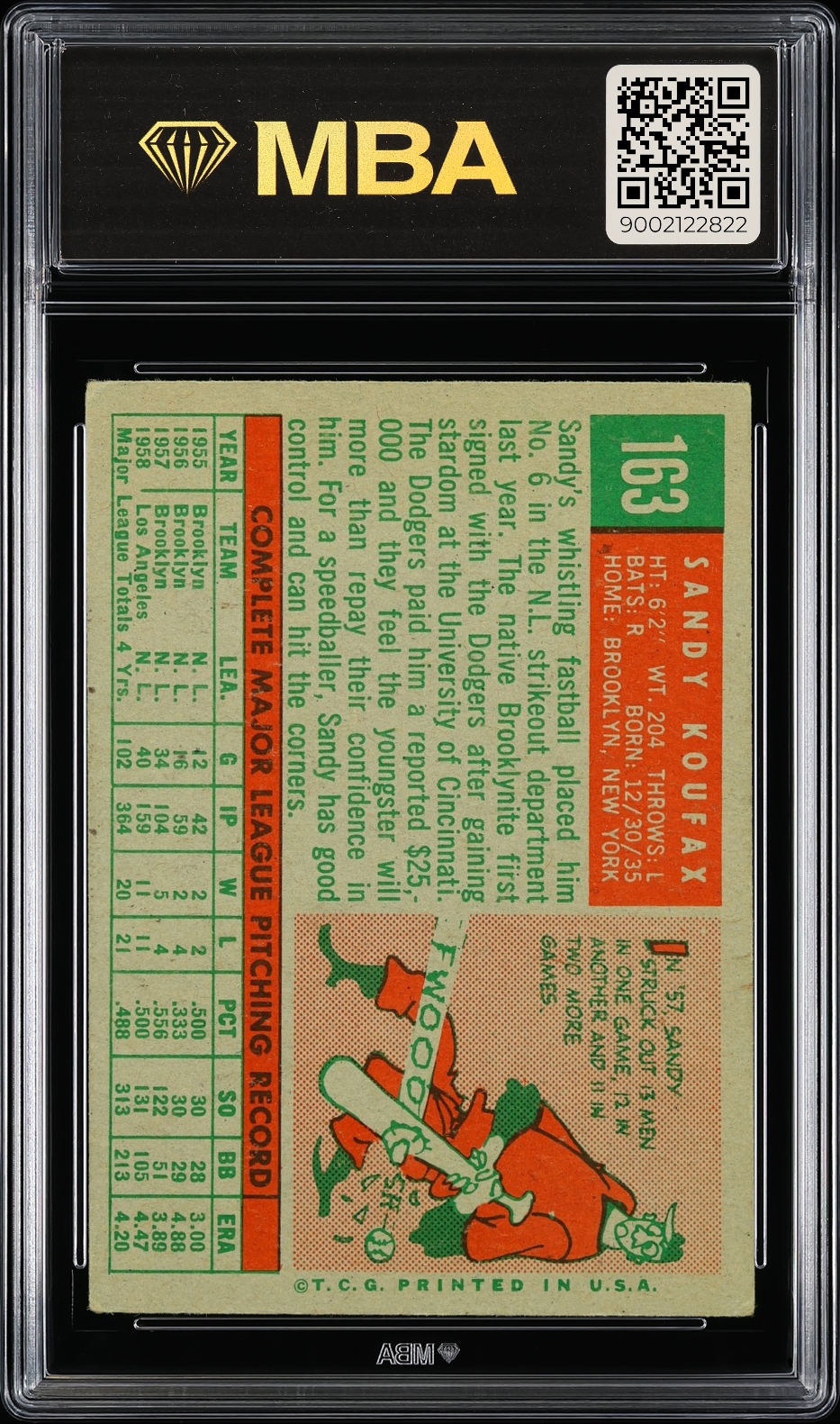 1959 Topps Sandy Koufax #163 MBA 3