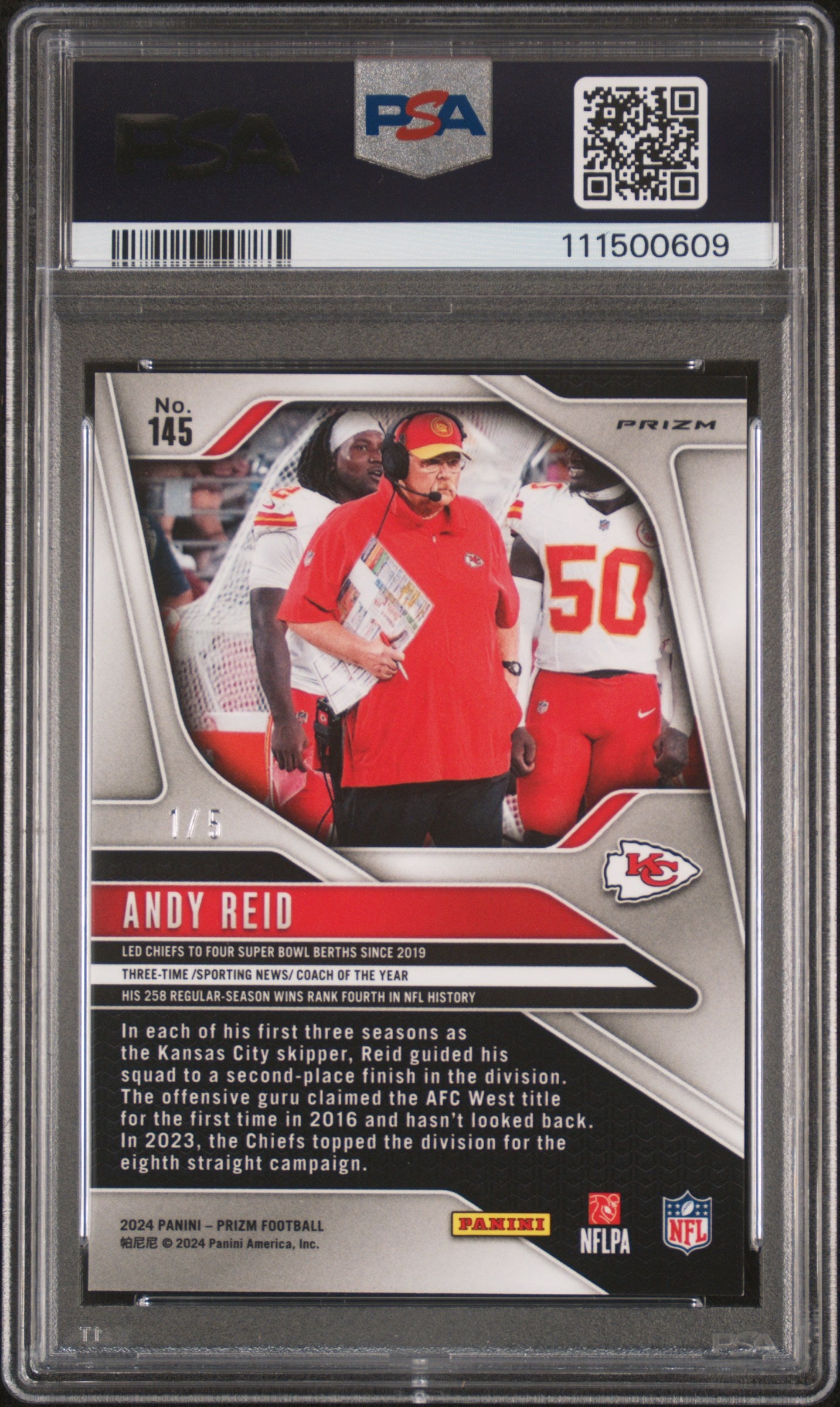2024 Panini Prizm Andy Reid #145 Gold Vinyl PSA 9