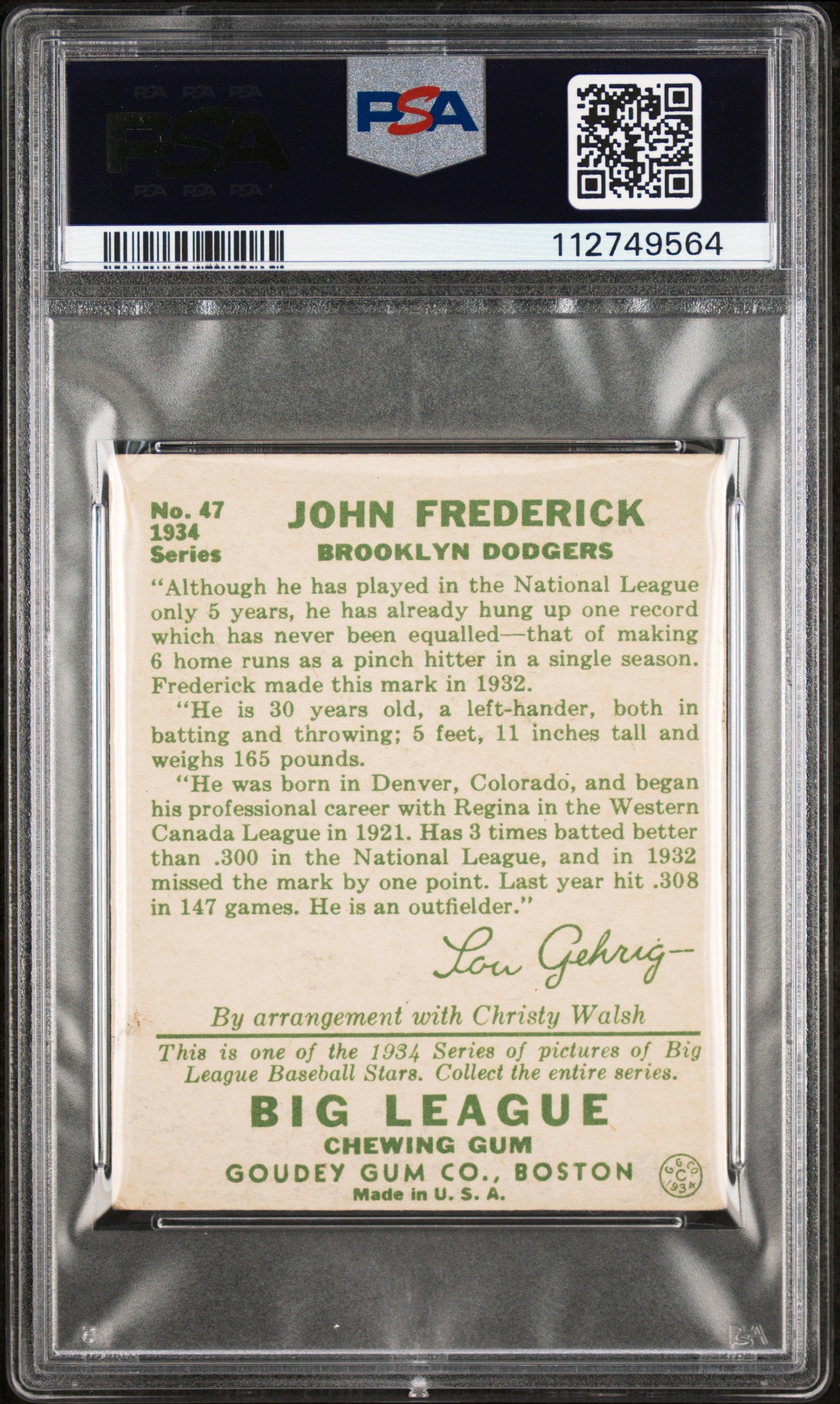 1934 Goudey John Frederick #47 PSA 2