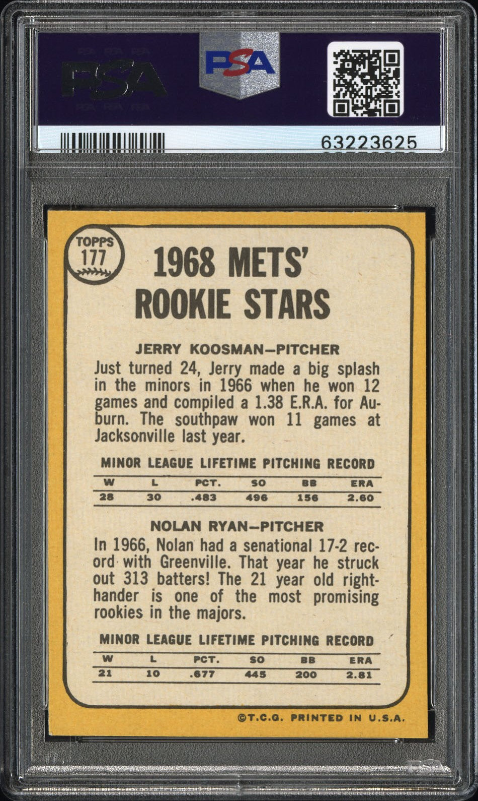 1968 Topps Mets Rookies #177 J. Koosman N. Ryan PSA 8