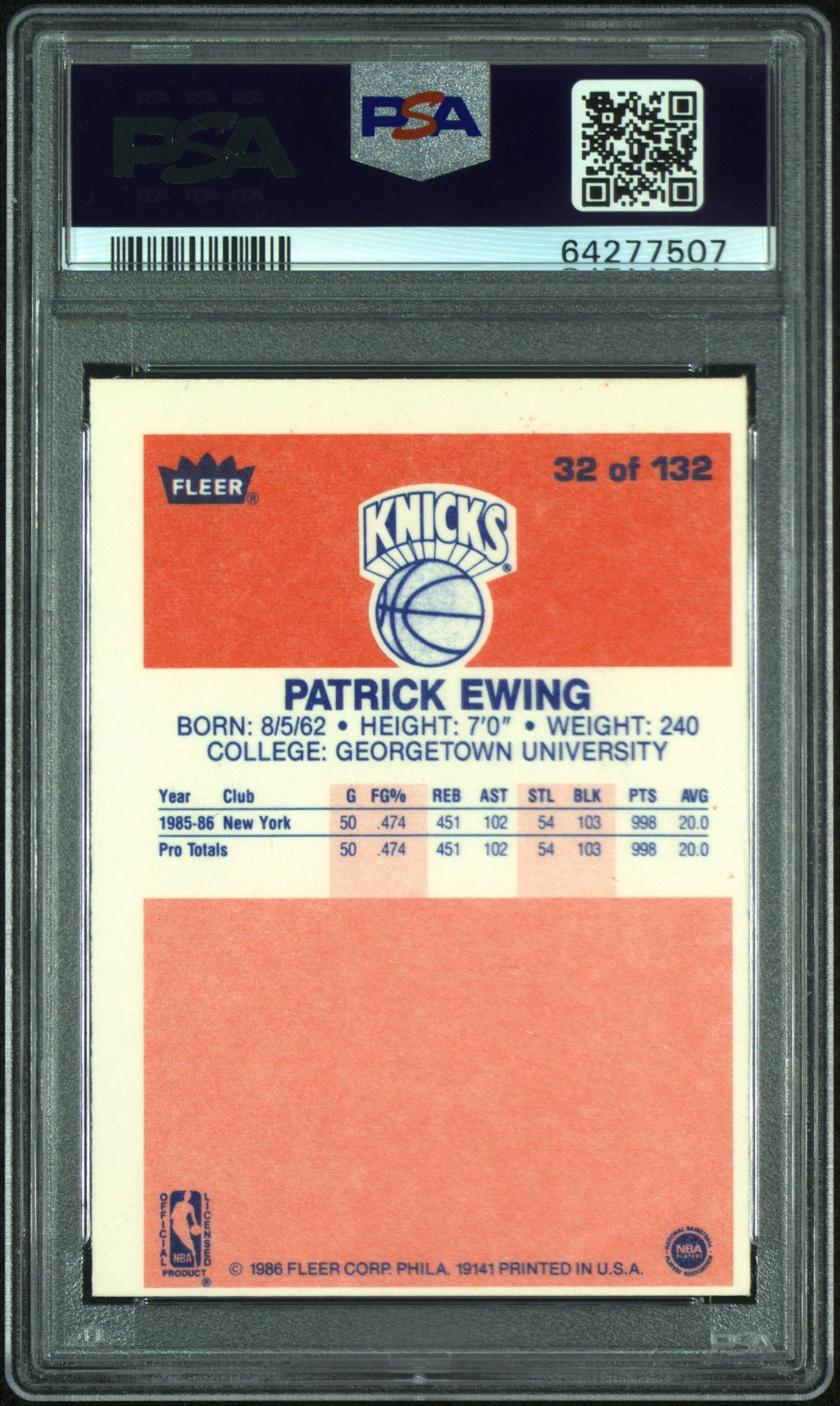 1986 Fleer Patrick Ewing #32 PSA 5