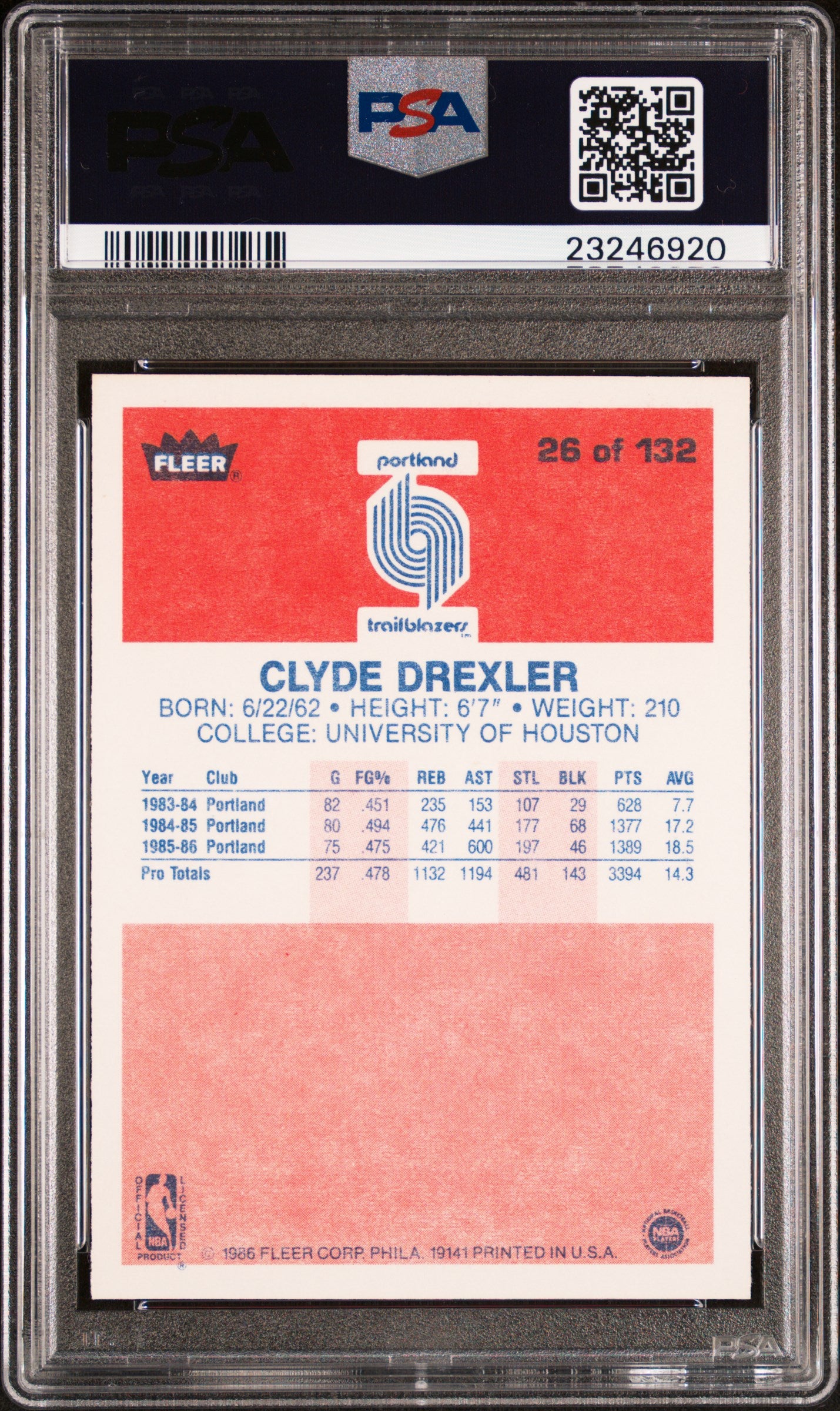 1986 Fleer Clyde Drexler #26 PSA 9