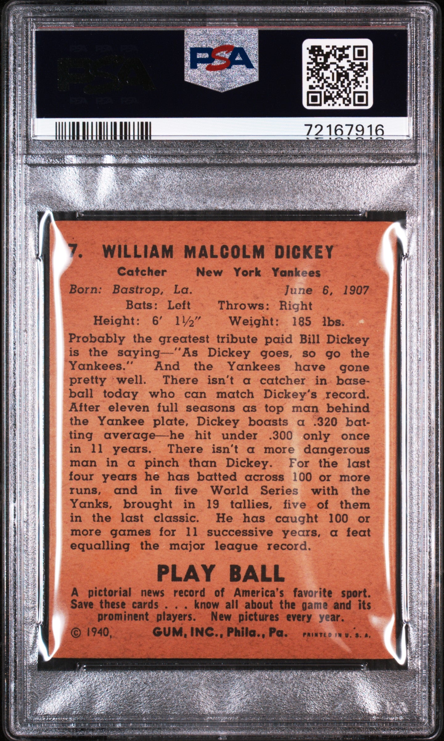 1940 Play Ball Bill Dickey #7 PSA 3