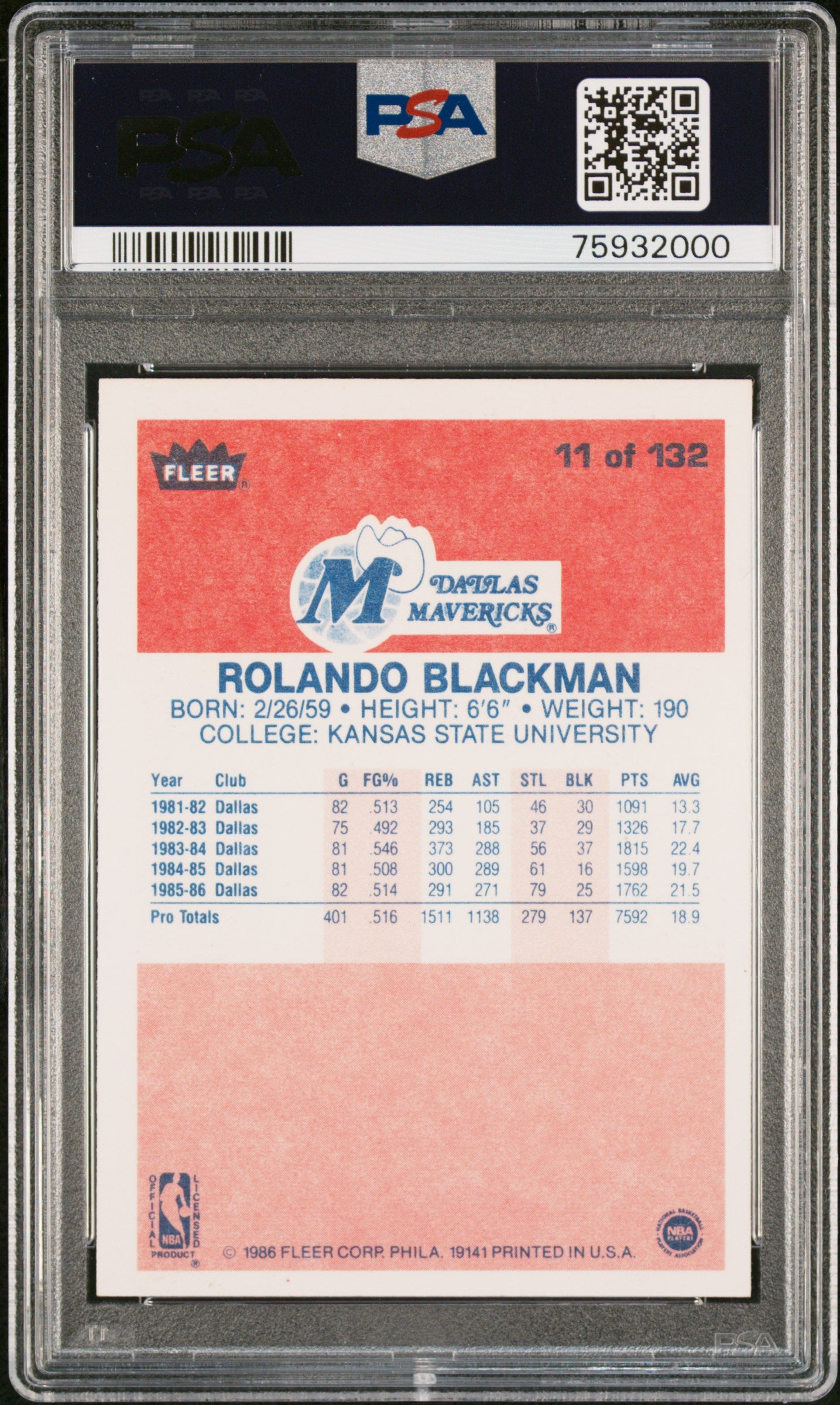 1986 Fleer Rolando Blackman #11 PSA 9