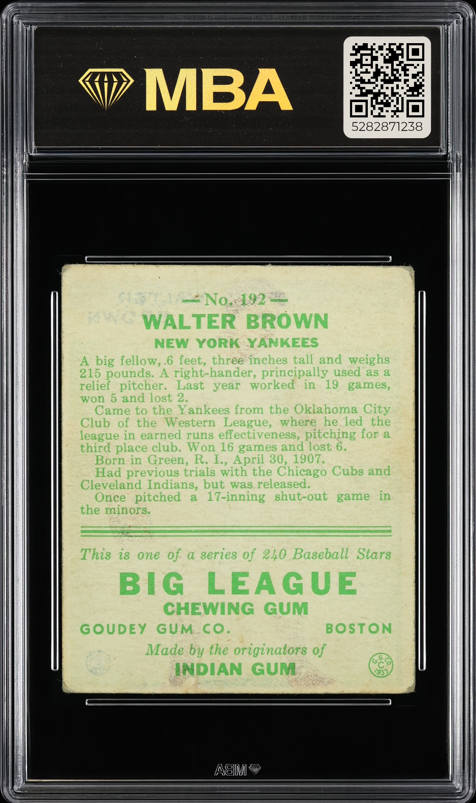 1933 Goudey Walter Brown #192 MBA 3