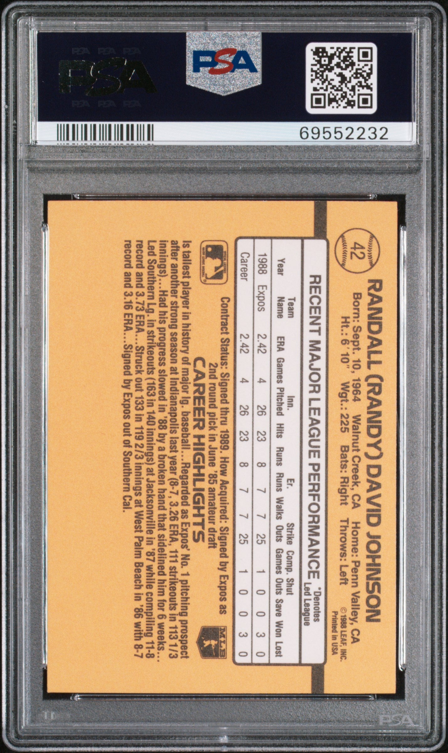 1989 Donruss Randy Johnson #42 PSA 9 Auto 10