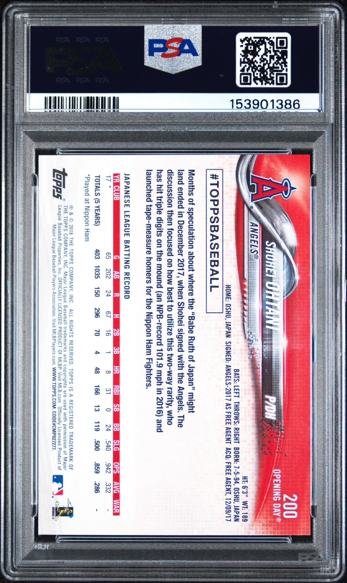2018 Topps Opening Day Shohei Ohtani #200 PSA 10