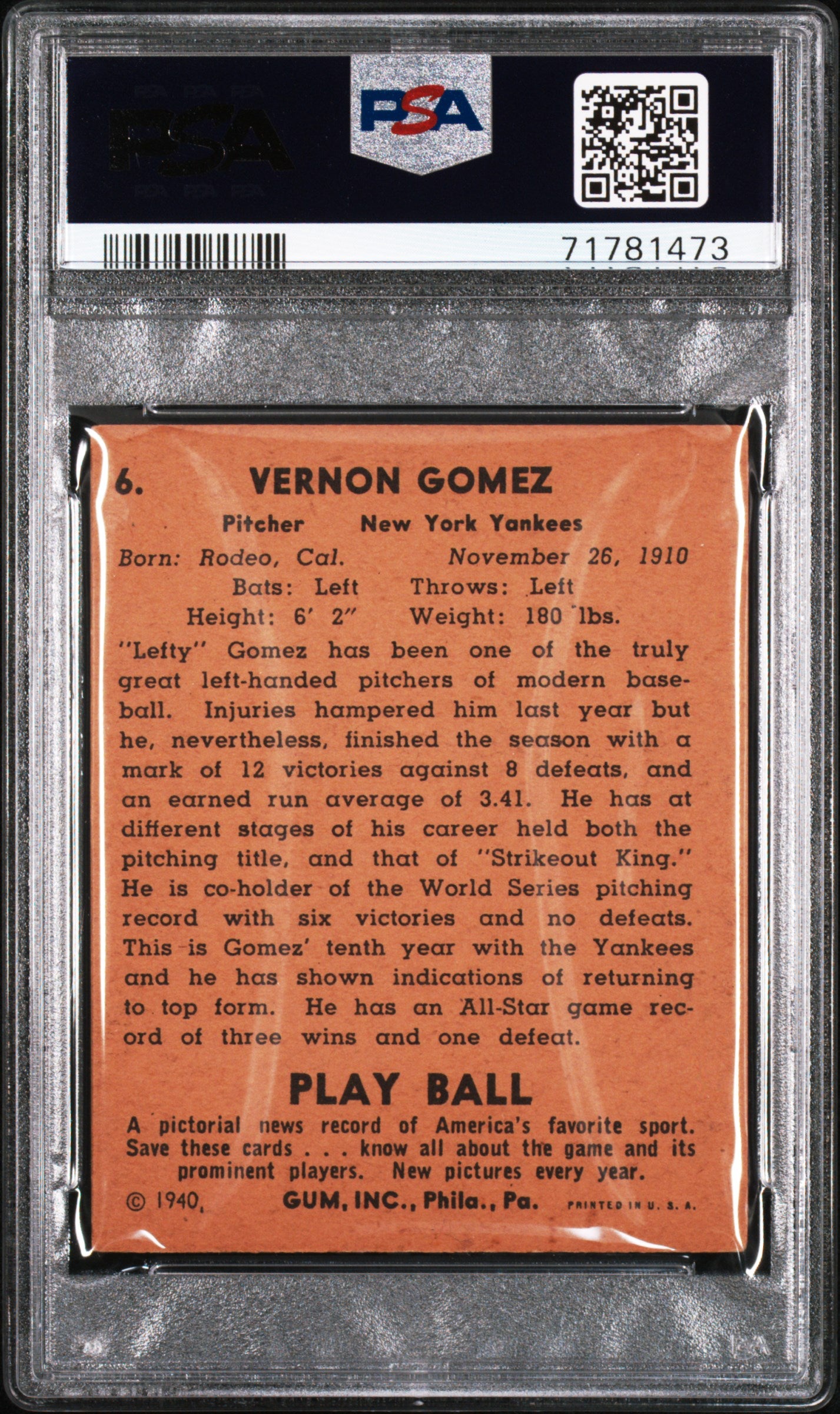 1940 Play Ball Lefty Gomez #6 PSA 4 Auto 7