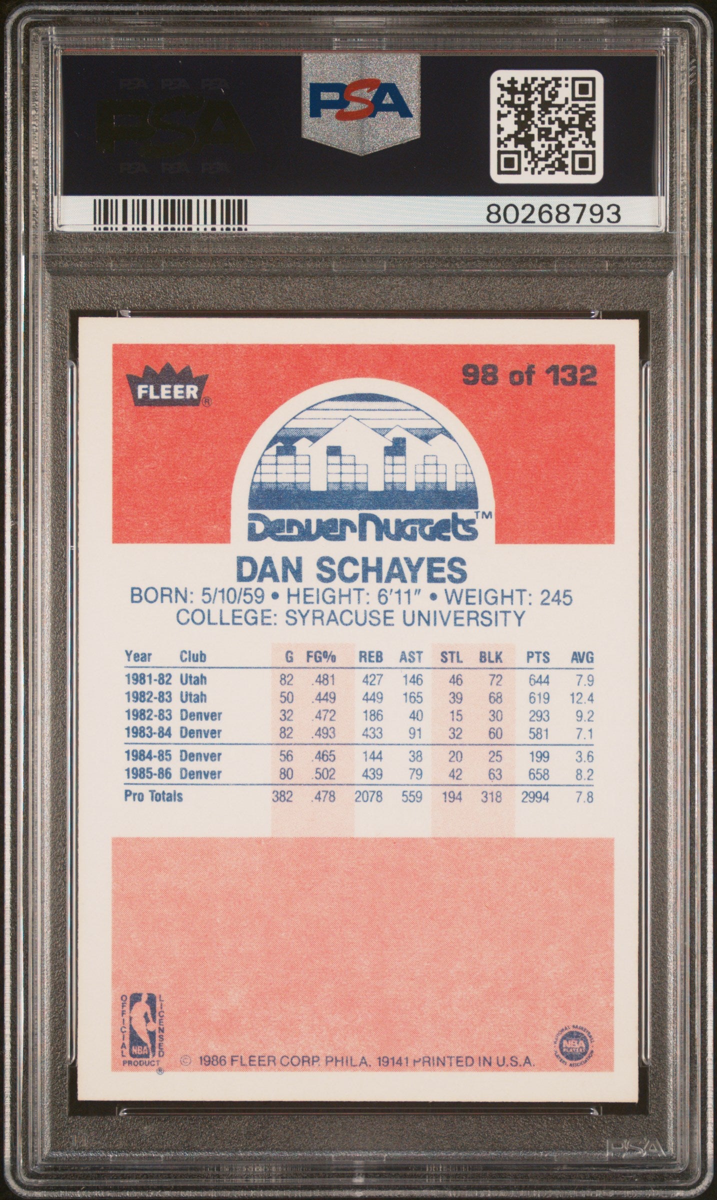 1986 Fleer Dan Schayes #98 PSA 9