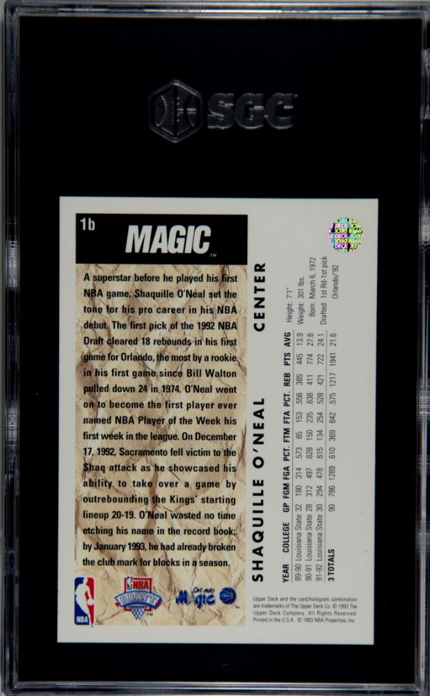 1992 Upper Deck Shaquille O'Neal #1B Trade Card SGC 9