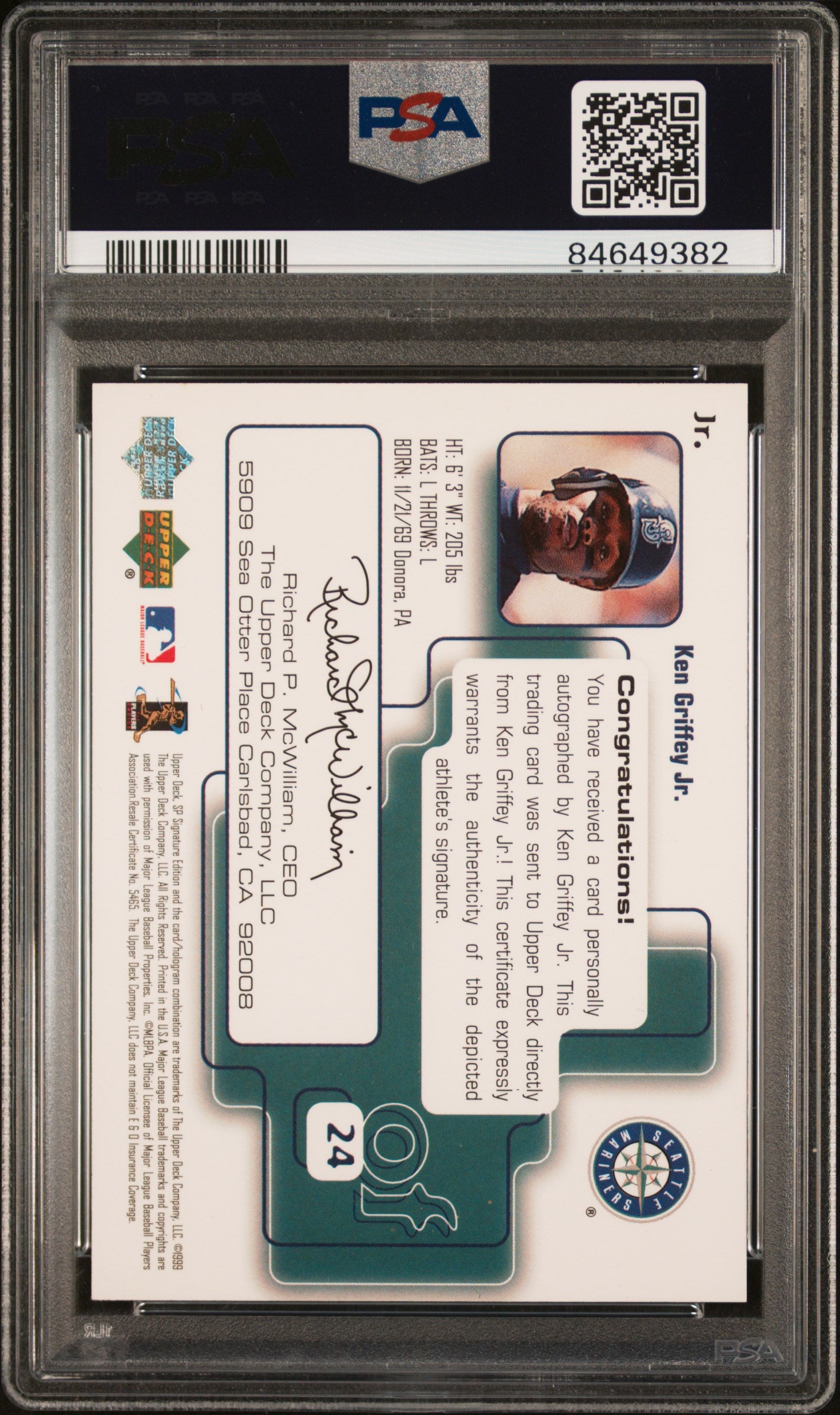 1999 SP Signature Autographs Ken Griffey JR. #Jr. PSA 9