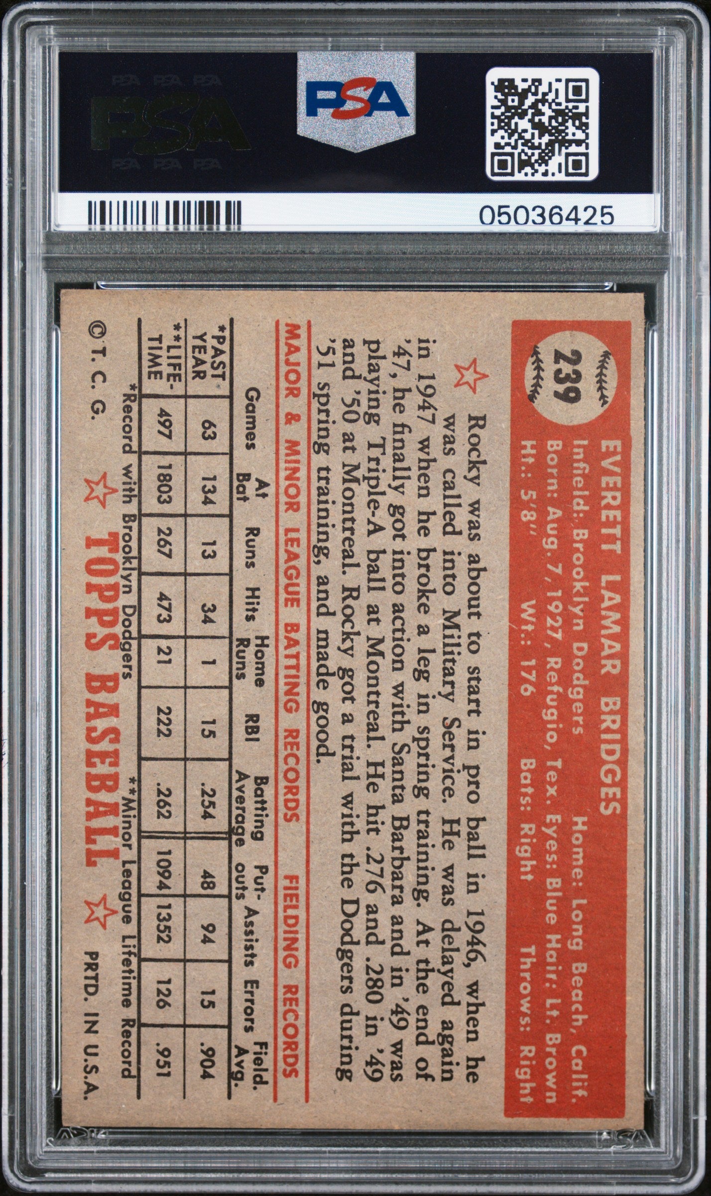 1952 Topps Rocky Bridges #239 PSA 7
