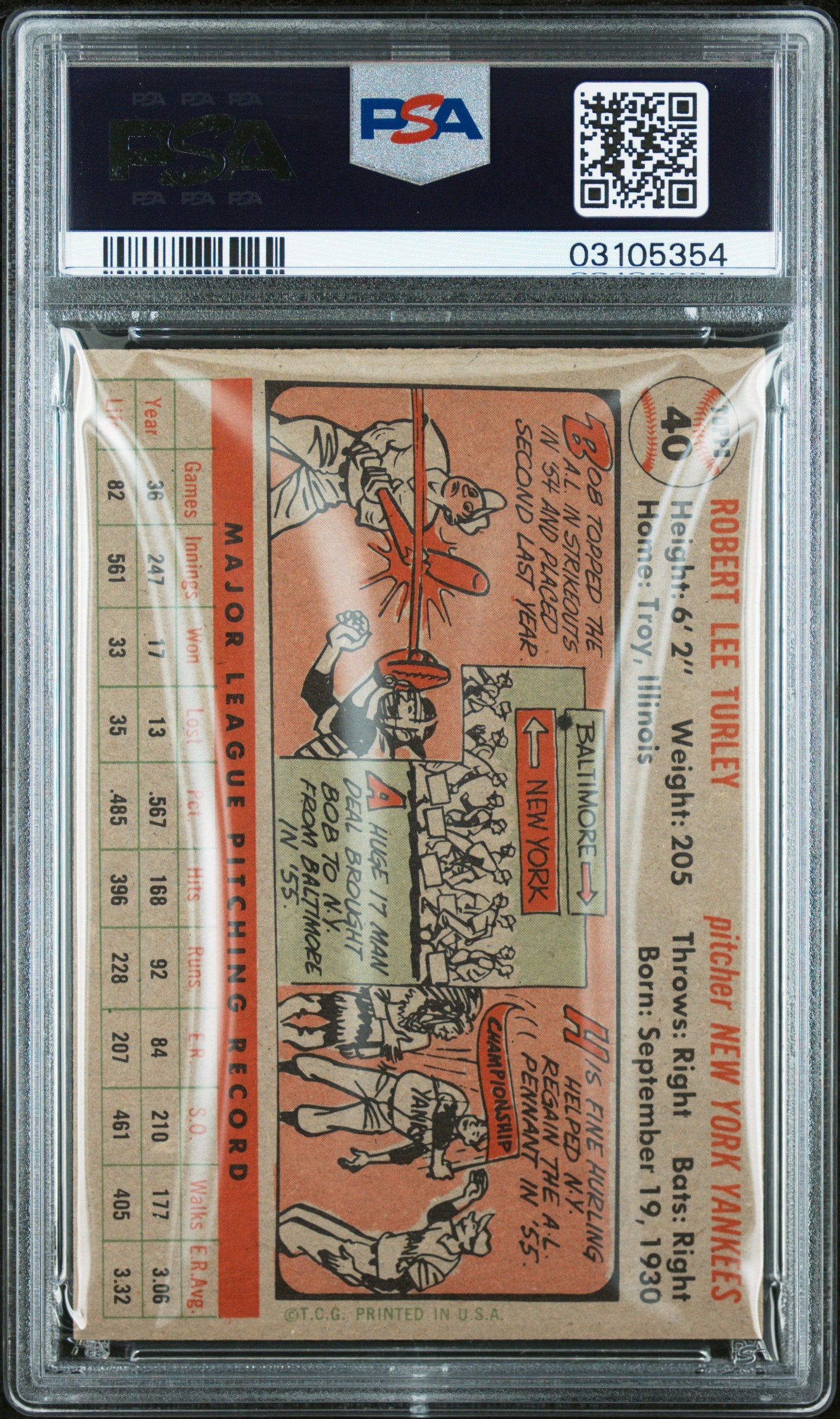 1956 Topps Bob Turley #40 Gray Back PSA 7