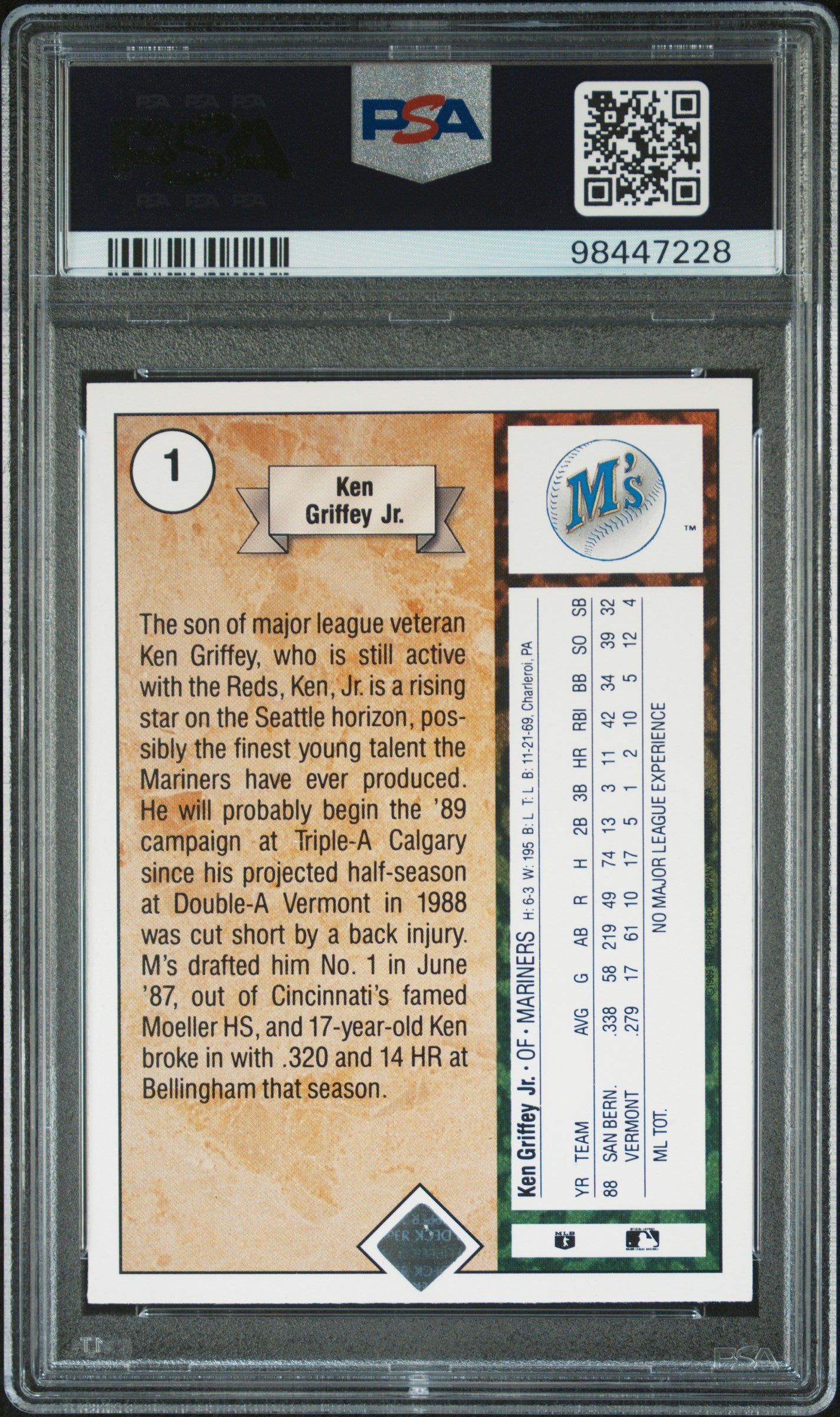 1989 Upper Deck Ken Griffey JR. #1 Star Rookie PSA 9 Auto 10