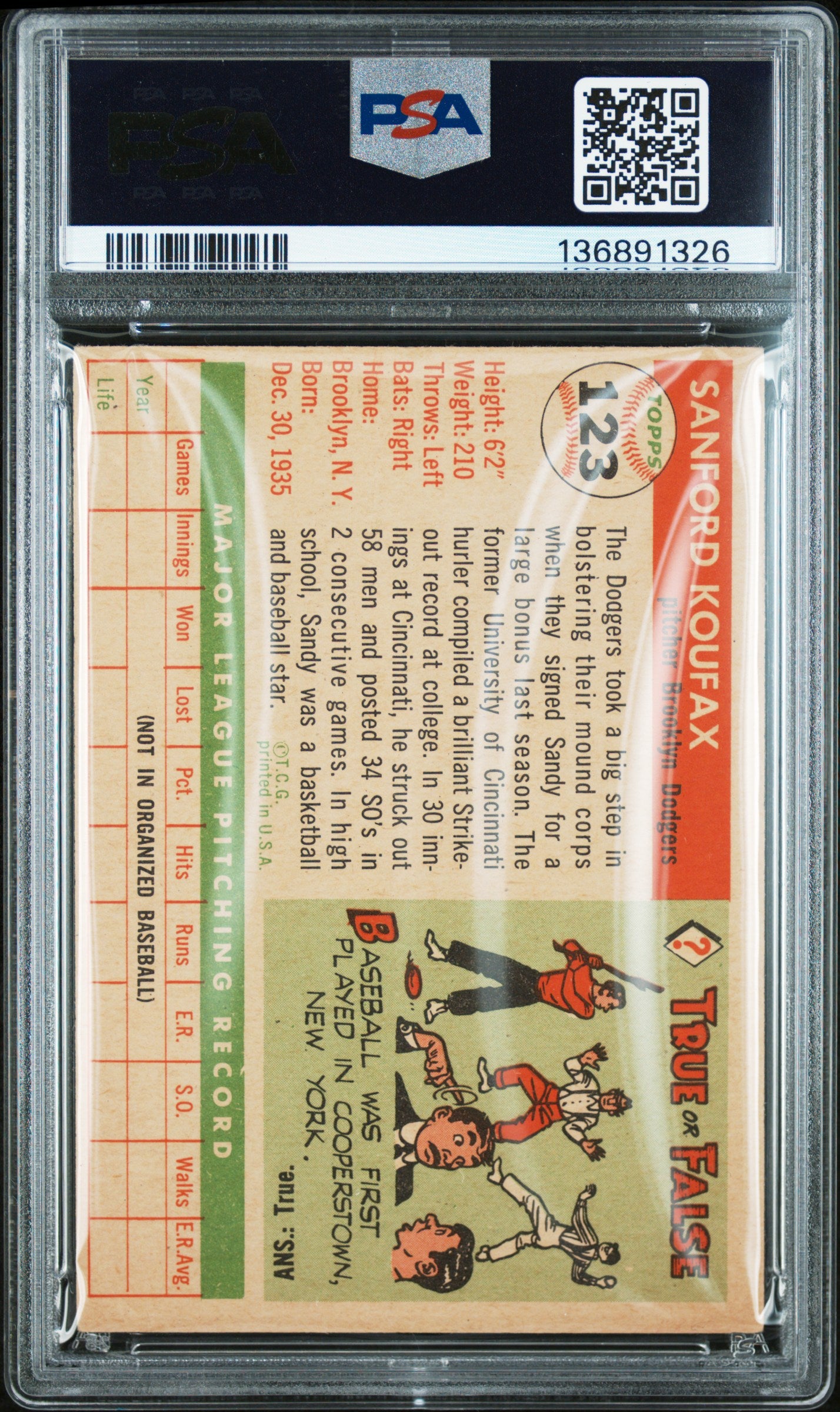 1955 Topps Sandy Koufax #123 PSA 3