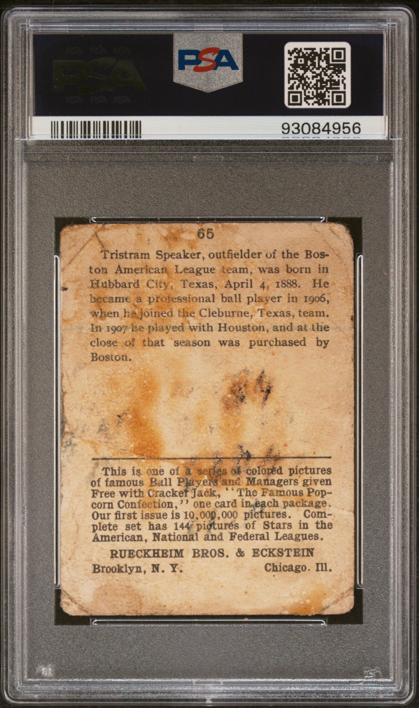 1914 Cracker Jack Tris Speaker #65 PSA 1