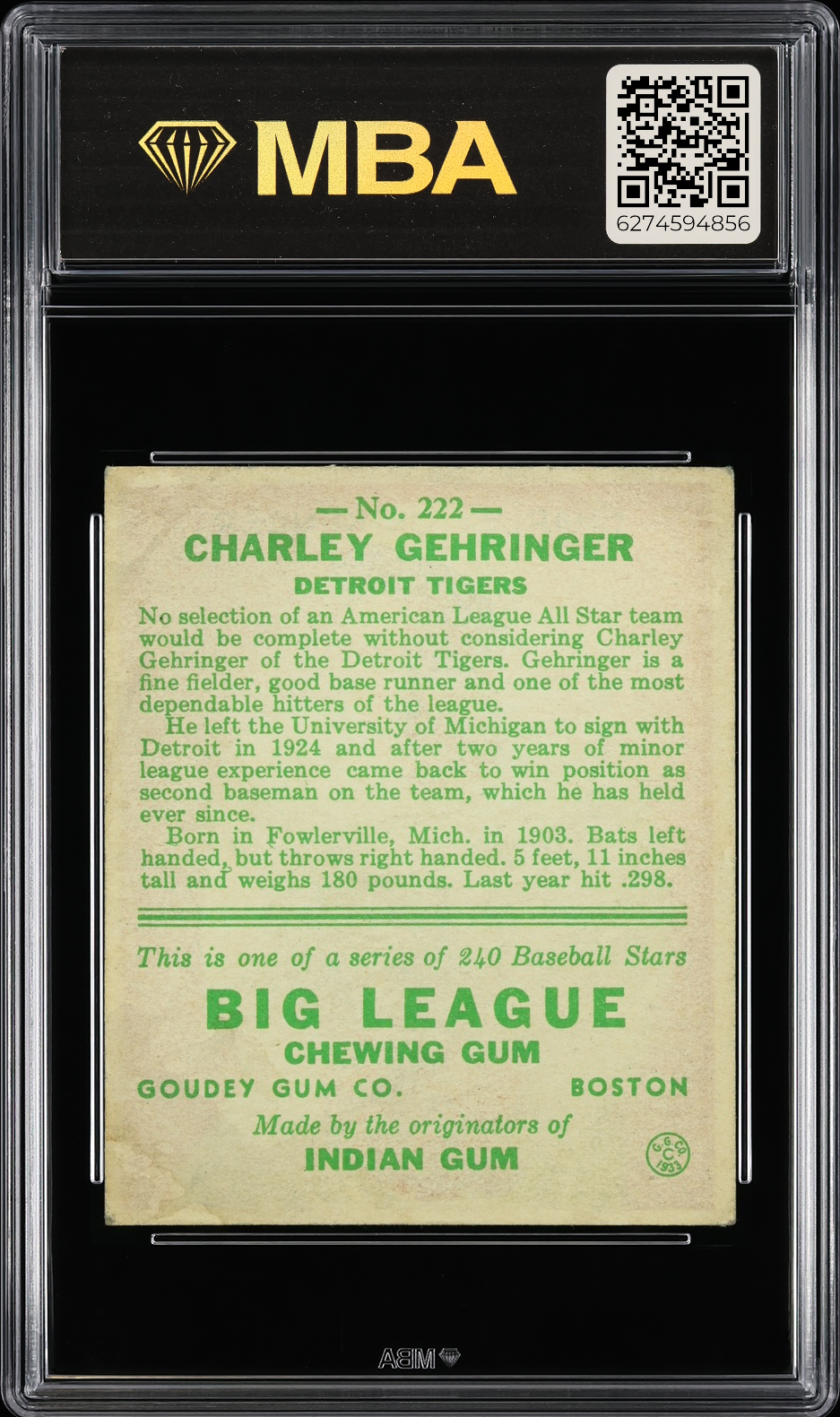 1933 Goudey Charley Gehringer #222 MBA 2.5