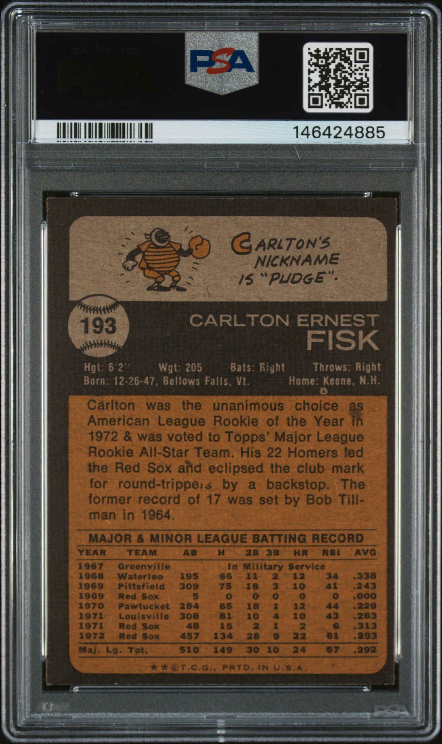 1973 Topps Carlton Fisk #193 All Star Rookie PSA 9 Auto 10