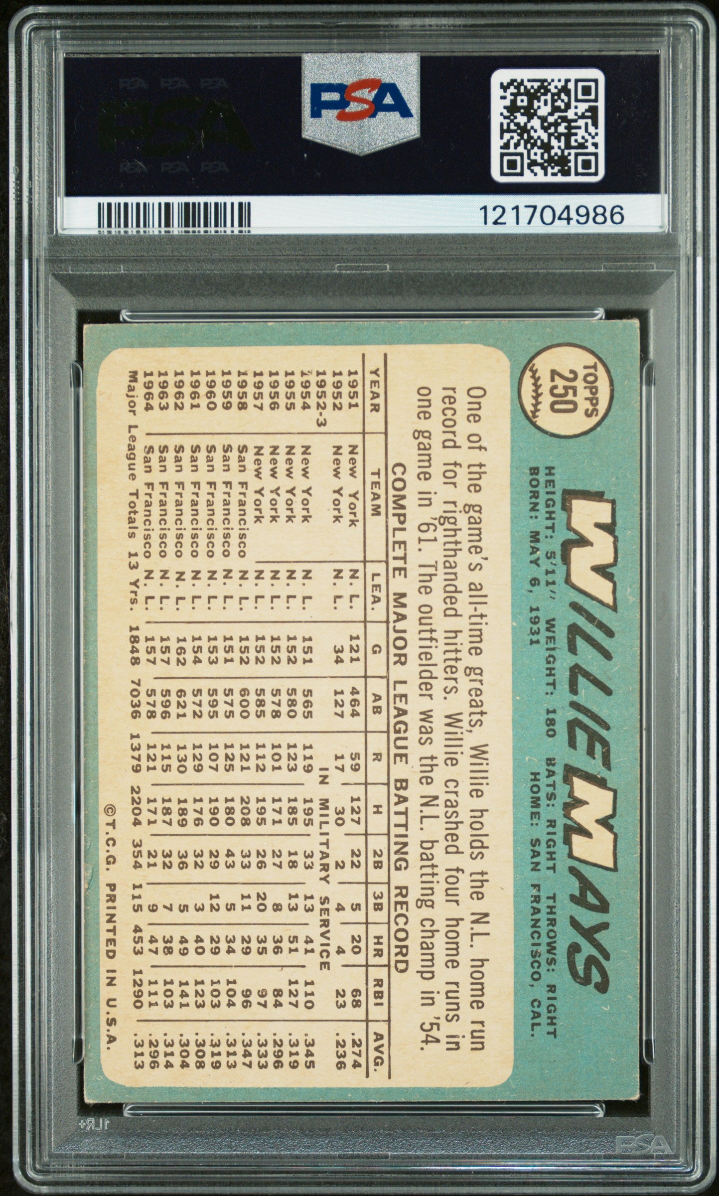 1965 Topps Willie Mays #250 PSA 4 Auto 10