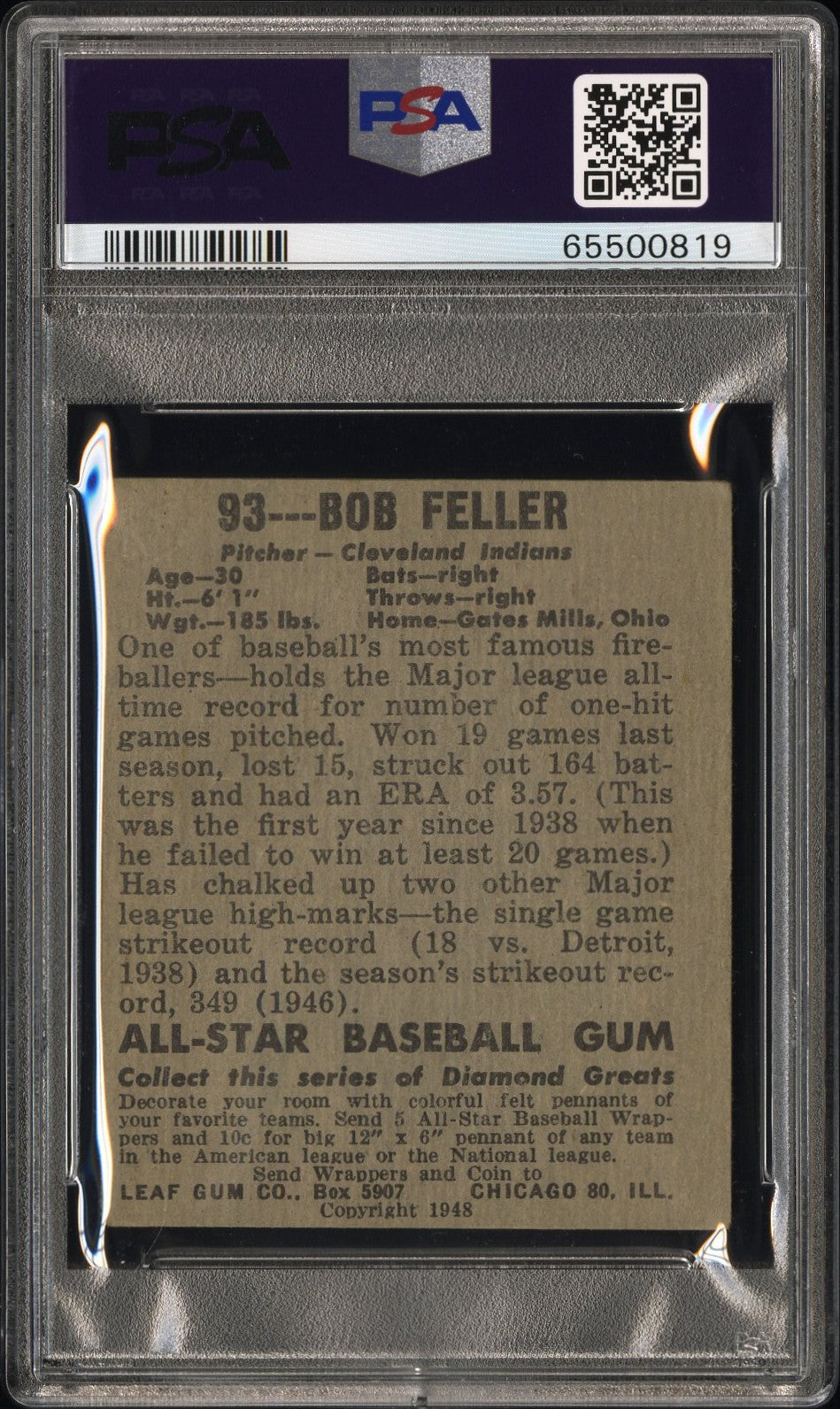 1948 Leaf Bob Feller #93 PSA 3 MK