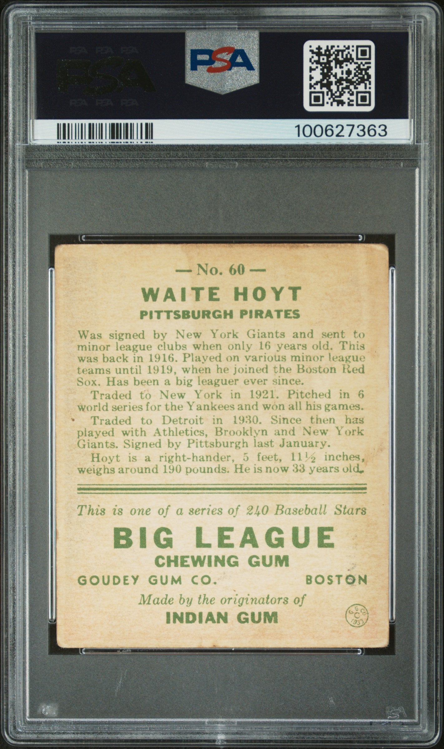 1933 Goudey Waite Hoyt #60 PSA 2 Auto 9