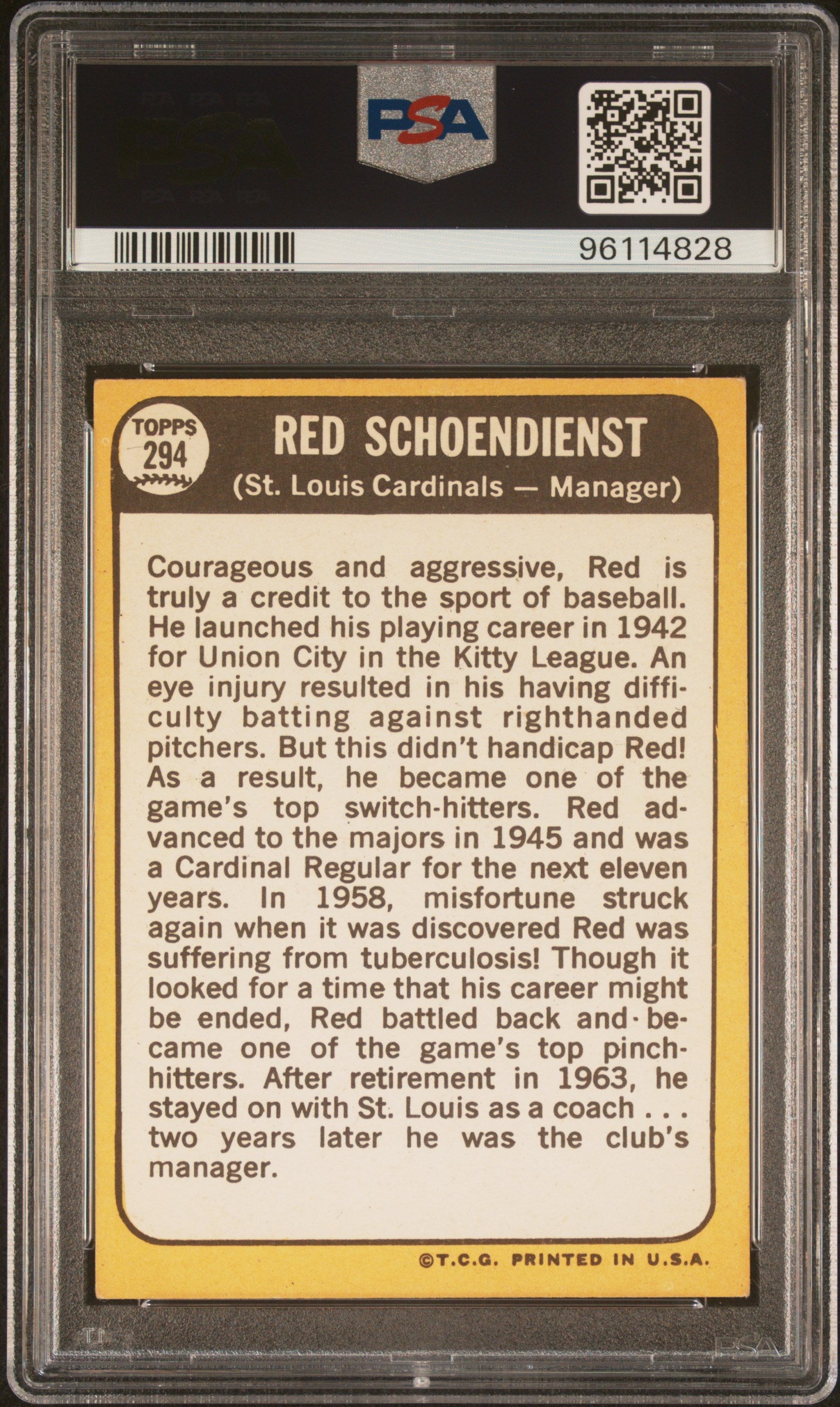 1968 Topps Red Schoendienst #294 PSA 4 Auto 9