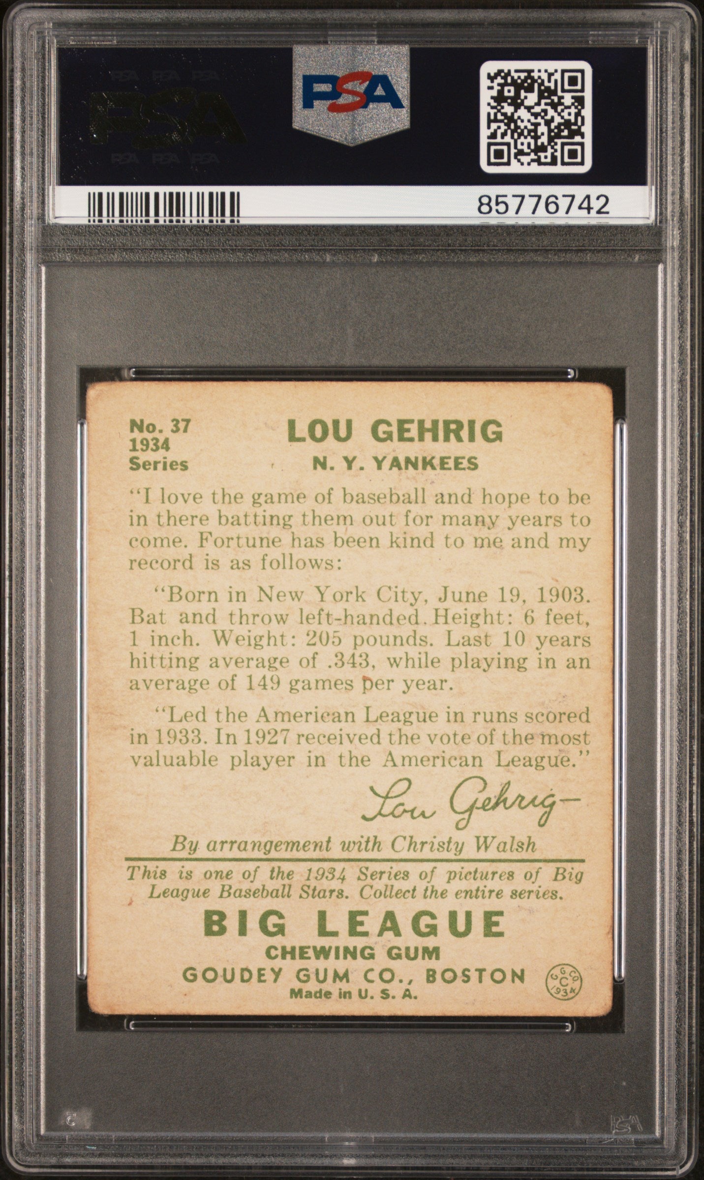 1934 Goudey Lou Gehrig #37 PSA 1.5