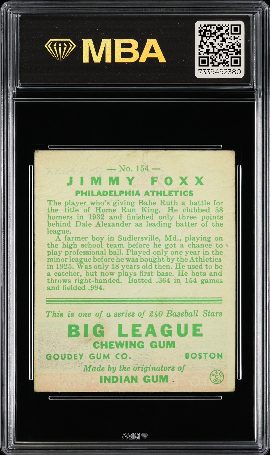 1933 Goudey Jimmy Foxx #154 (Correct Spelling: Jimmie) MBA 1