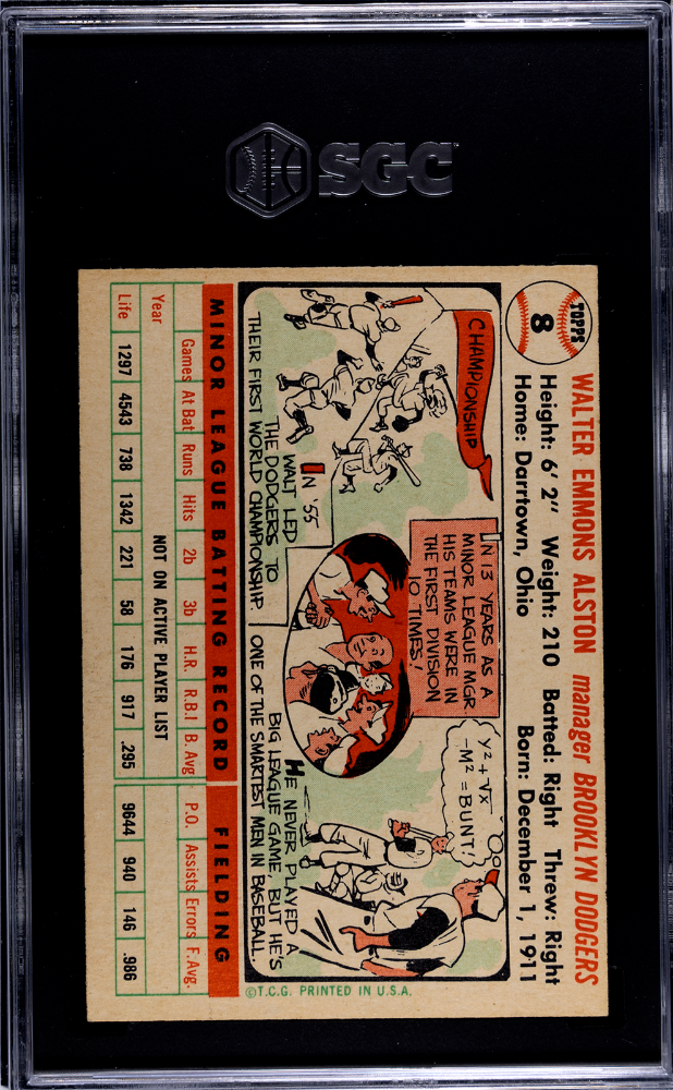 1956 Topps Walter Alston #8 White Back SGC 7.5