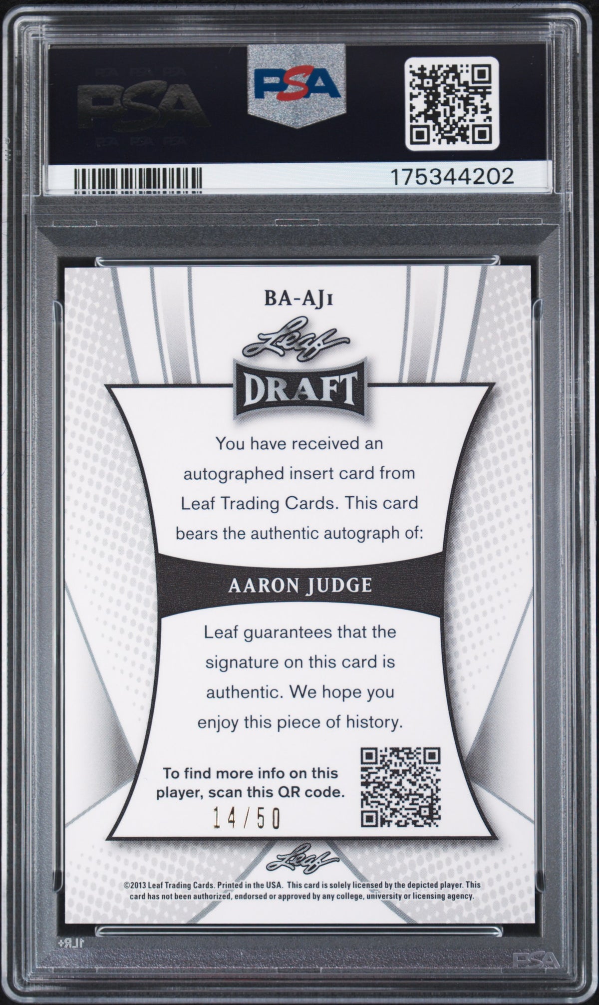 2013 Leaf Metal Draft Autographs Aaron Judge #BAAJ1 Purple PSA 6 Auto 10