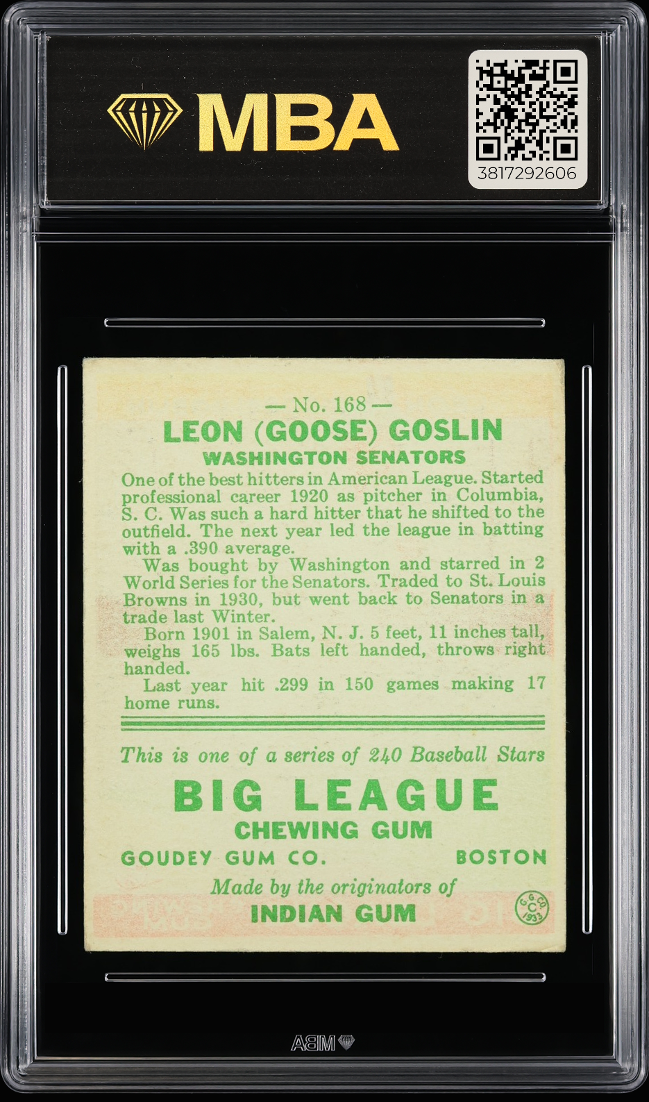 1933 Goudey Leon (Goose) Goslin #168 MBA 3.5