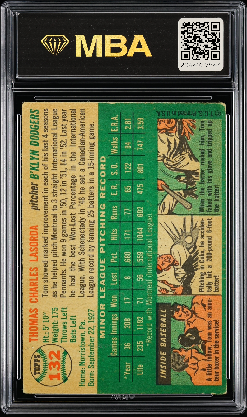 1954 Topps Tom Lasorda #132 MBA 3 RC