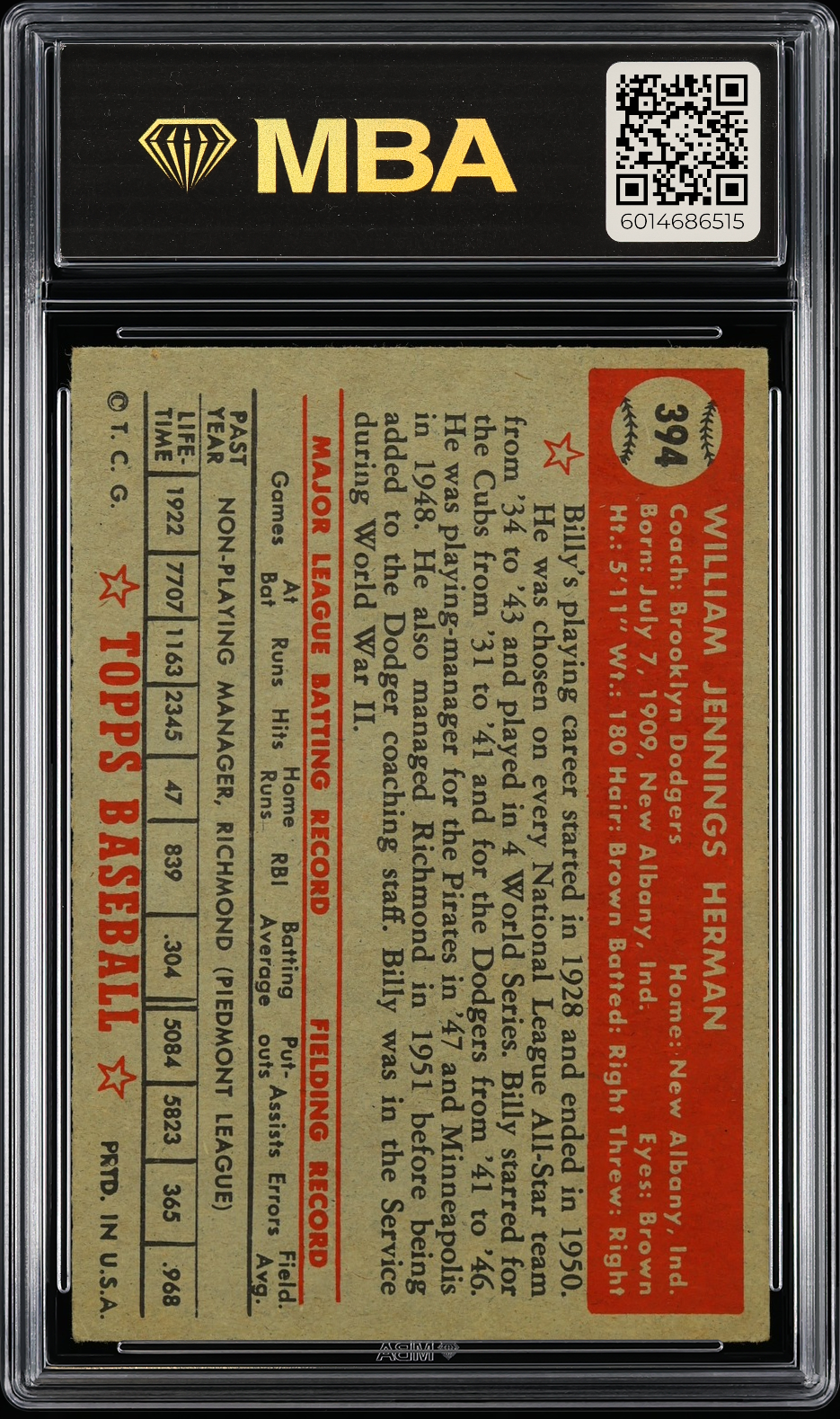 1952 Topps Billy Herman #394 MBA 3