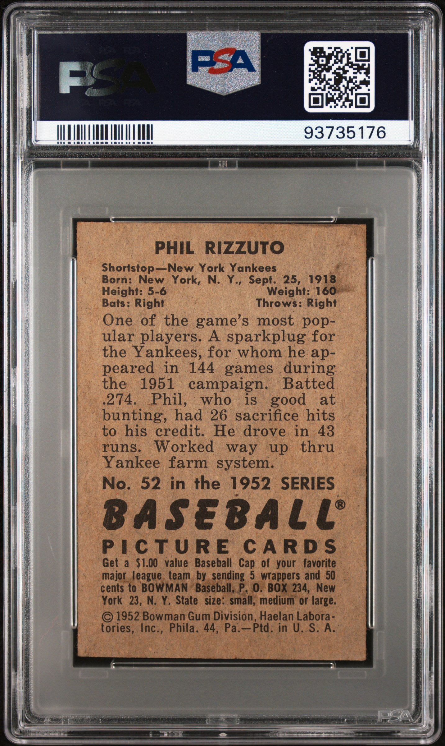 1952 Bowman Phil Rizzuto #52 PSA 4