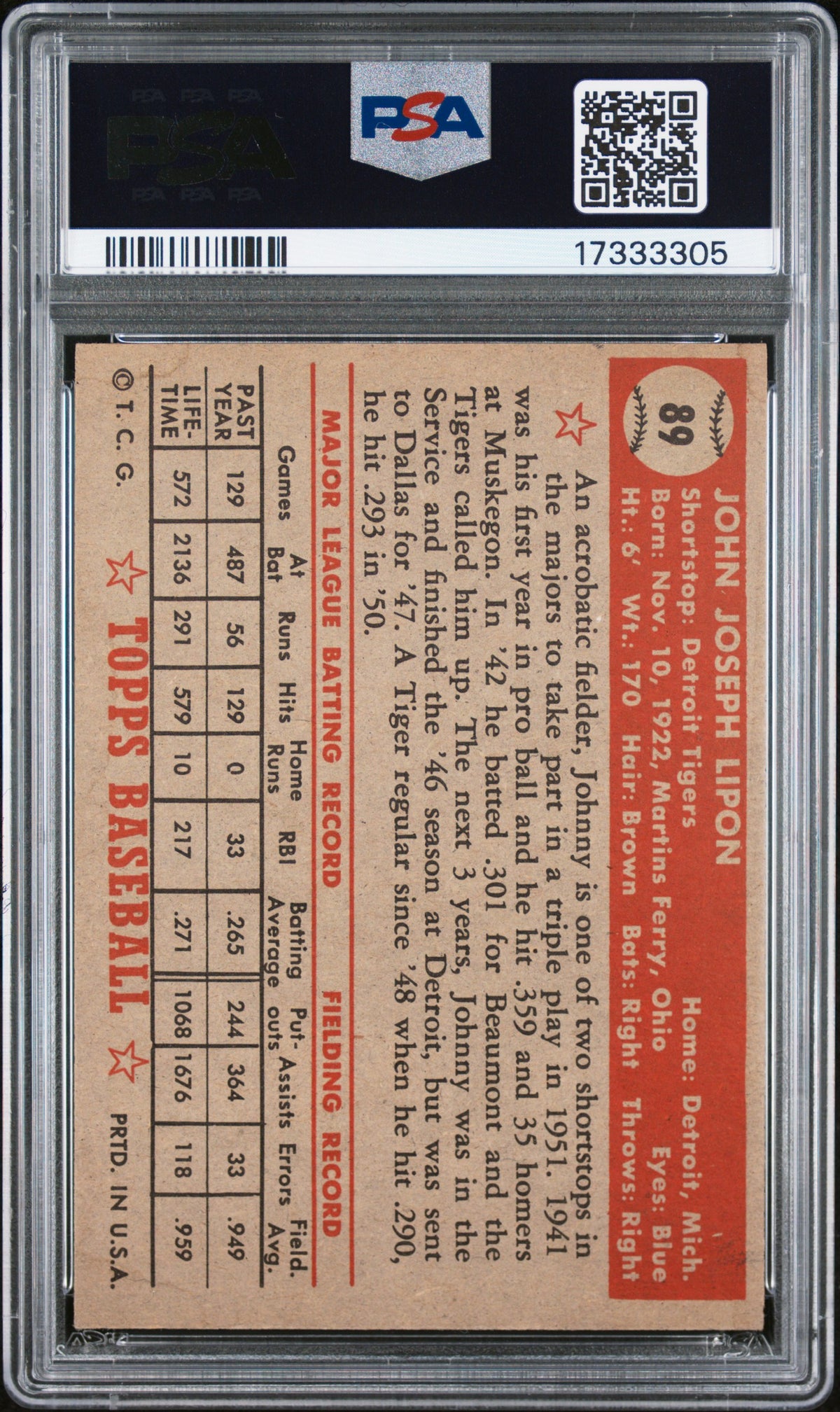 1952 Topps Johnny Lipon #89 PSA 7