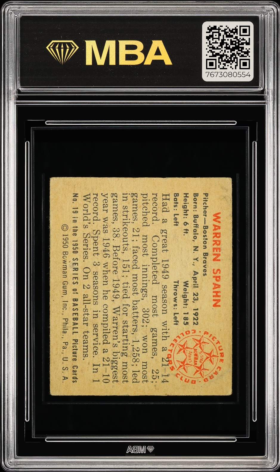 1950 Bowman Warren Spahn #19 MBA 3