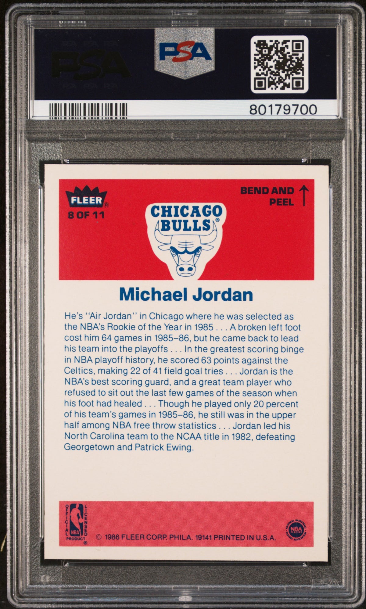1986 Fleer Sticker Michael Jordan #8 PSA 9