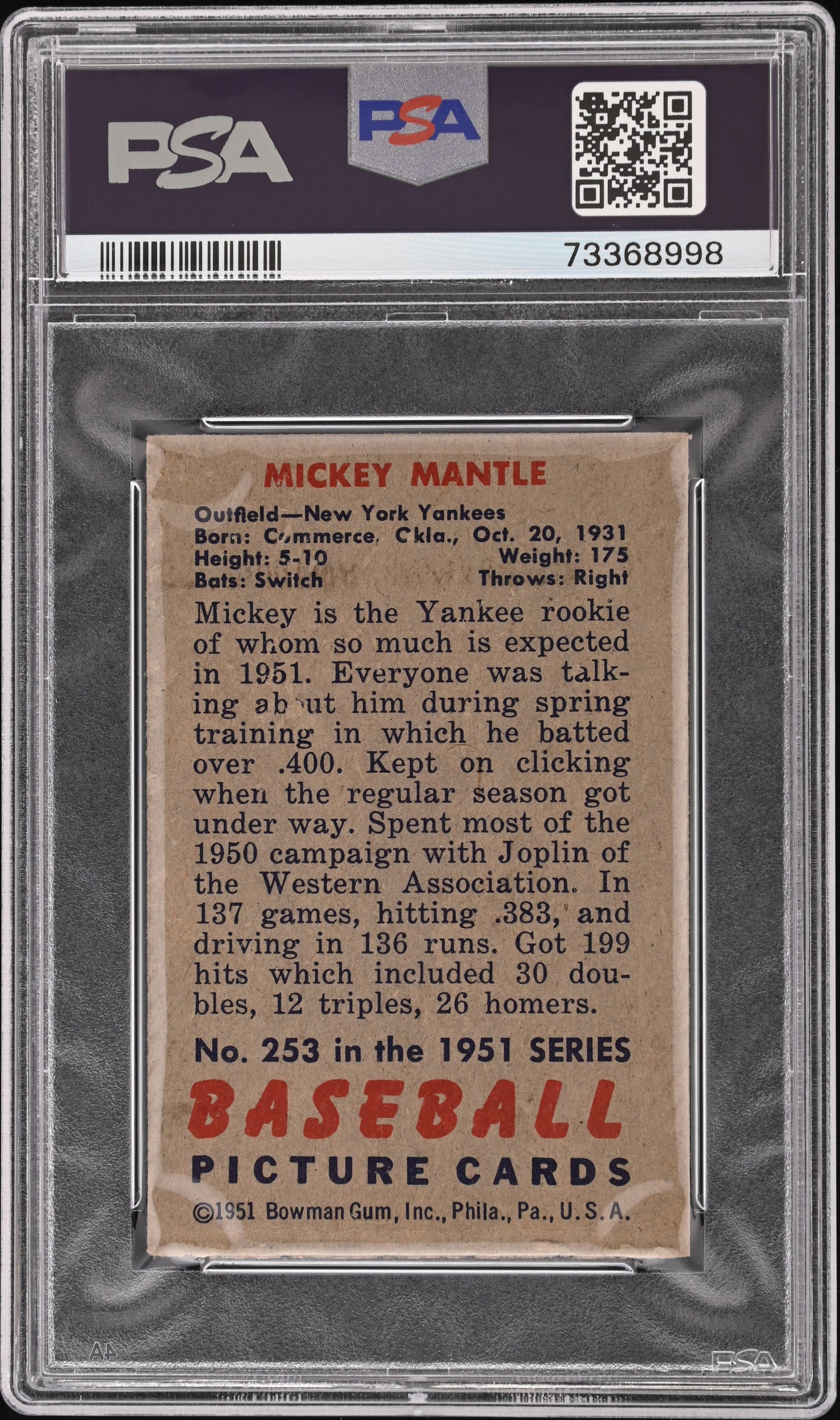 1951 Bowman Mickey Mantle #253 PSA 3