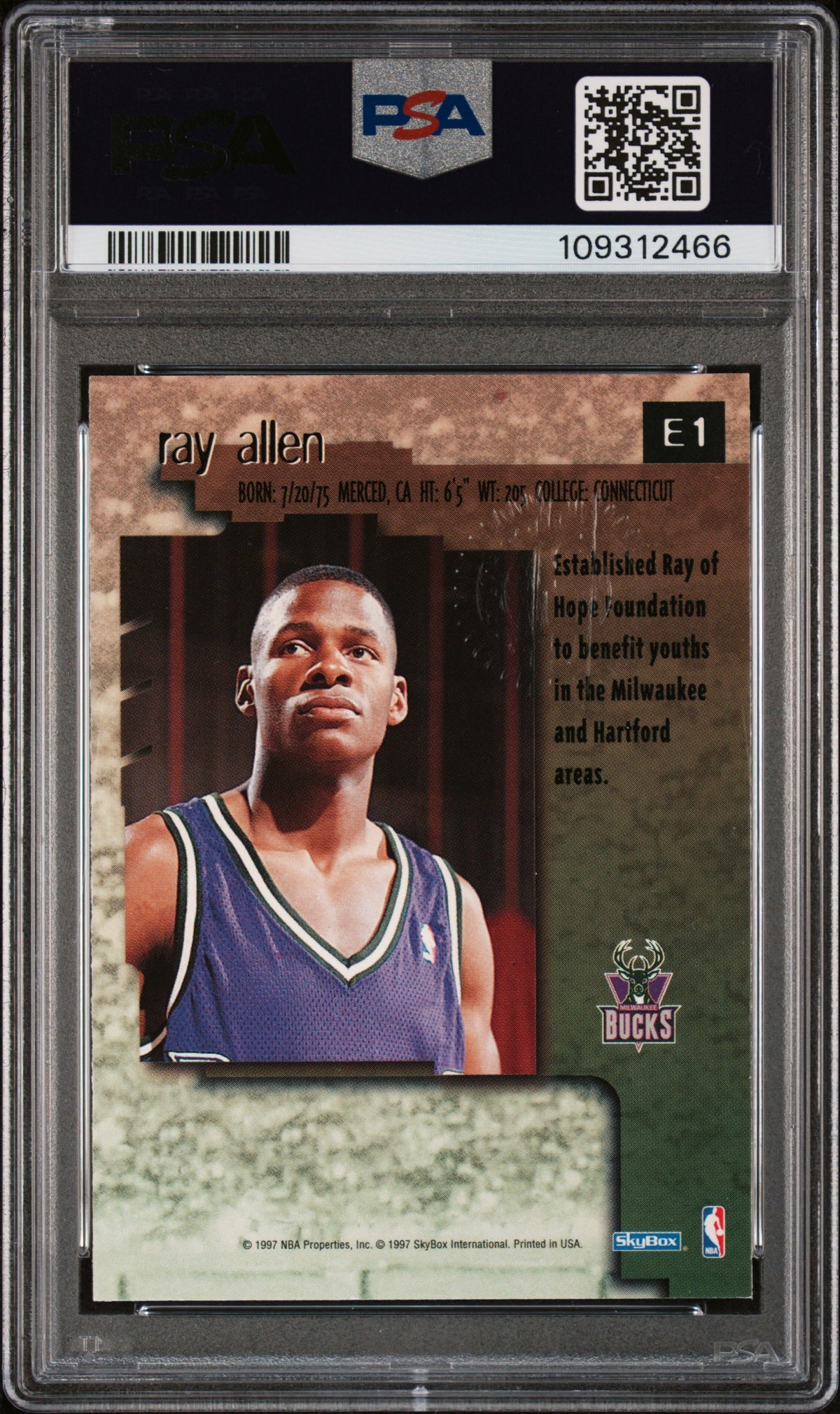 1996 Skybox Premium Emerald Auto Ray Allen #E1 Autograph PSA 8 Auto 9