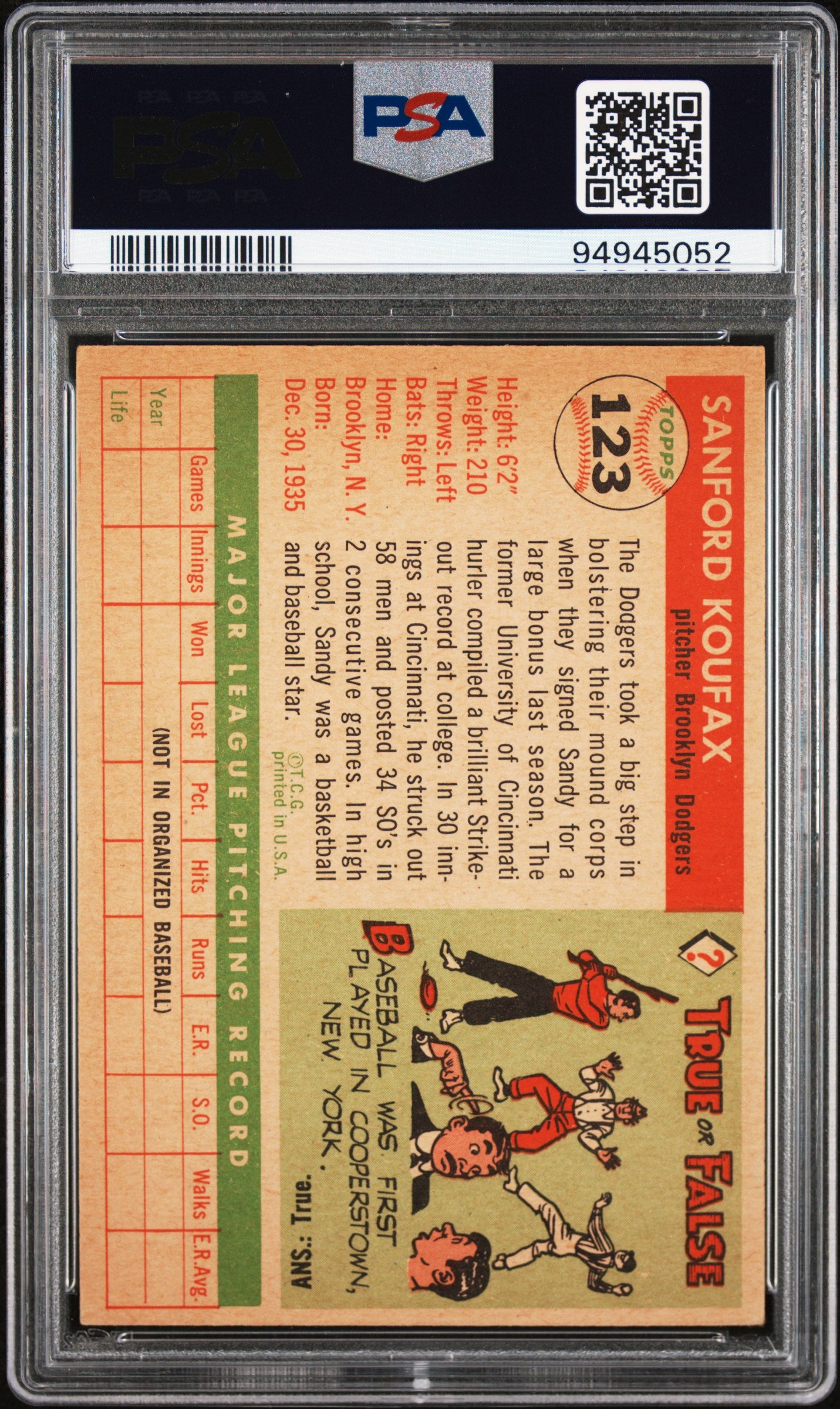 1955 Topps Sandy Koufax #123 PSA 4.5