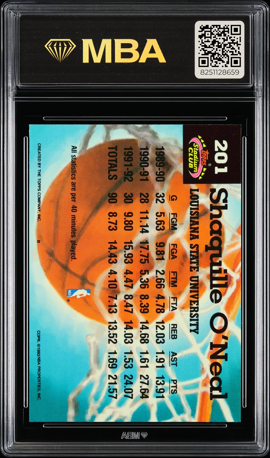1992 Stadium Club Shaquille O'Neal #201 Members Only MBA 9.5