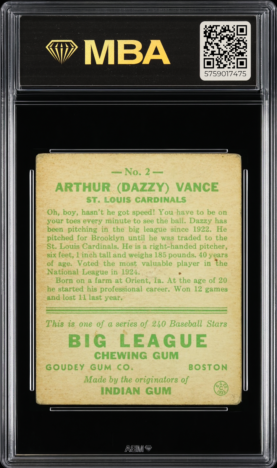 1933 Goudey Arthur (Dazzy) Vance #2 MBA 2