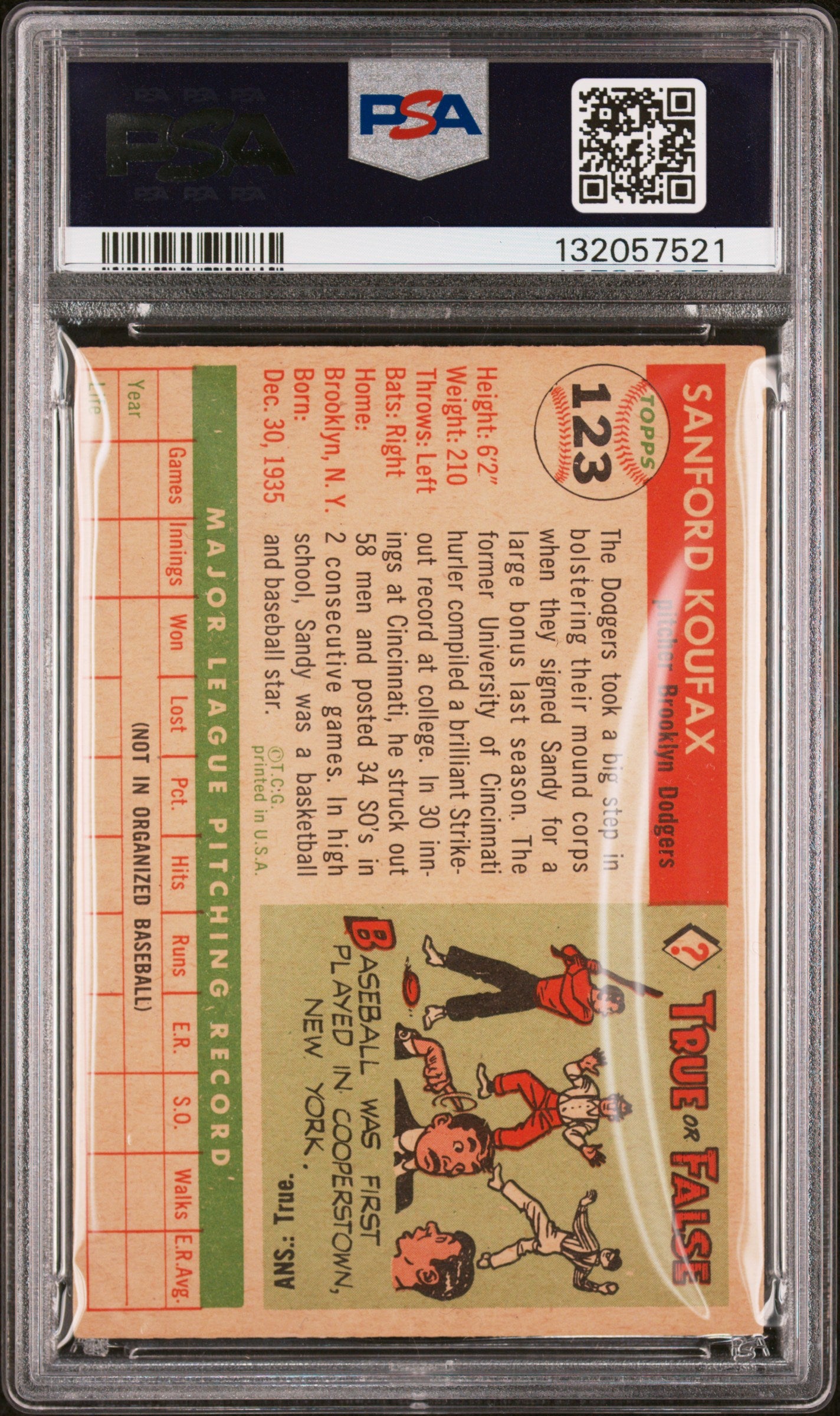 1955 Topps Sandy Koufax #123 PSA 4 Auto 10