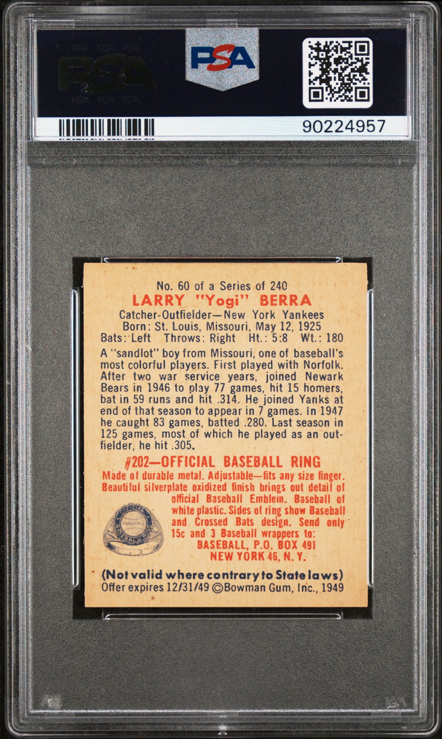 1949 Bowman Yogi Berra #60 PSA 9