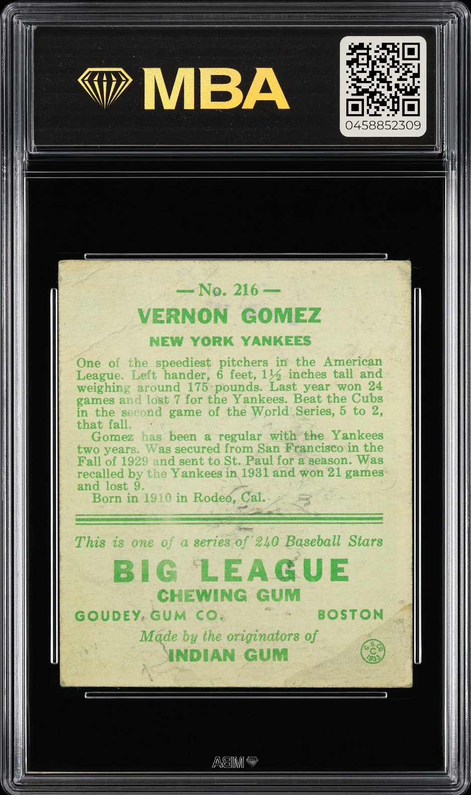 1933 Goudey Vernon Gomez #216 MBA 2