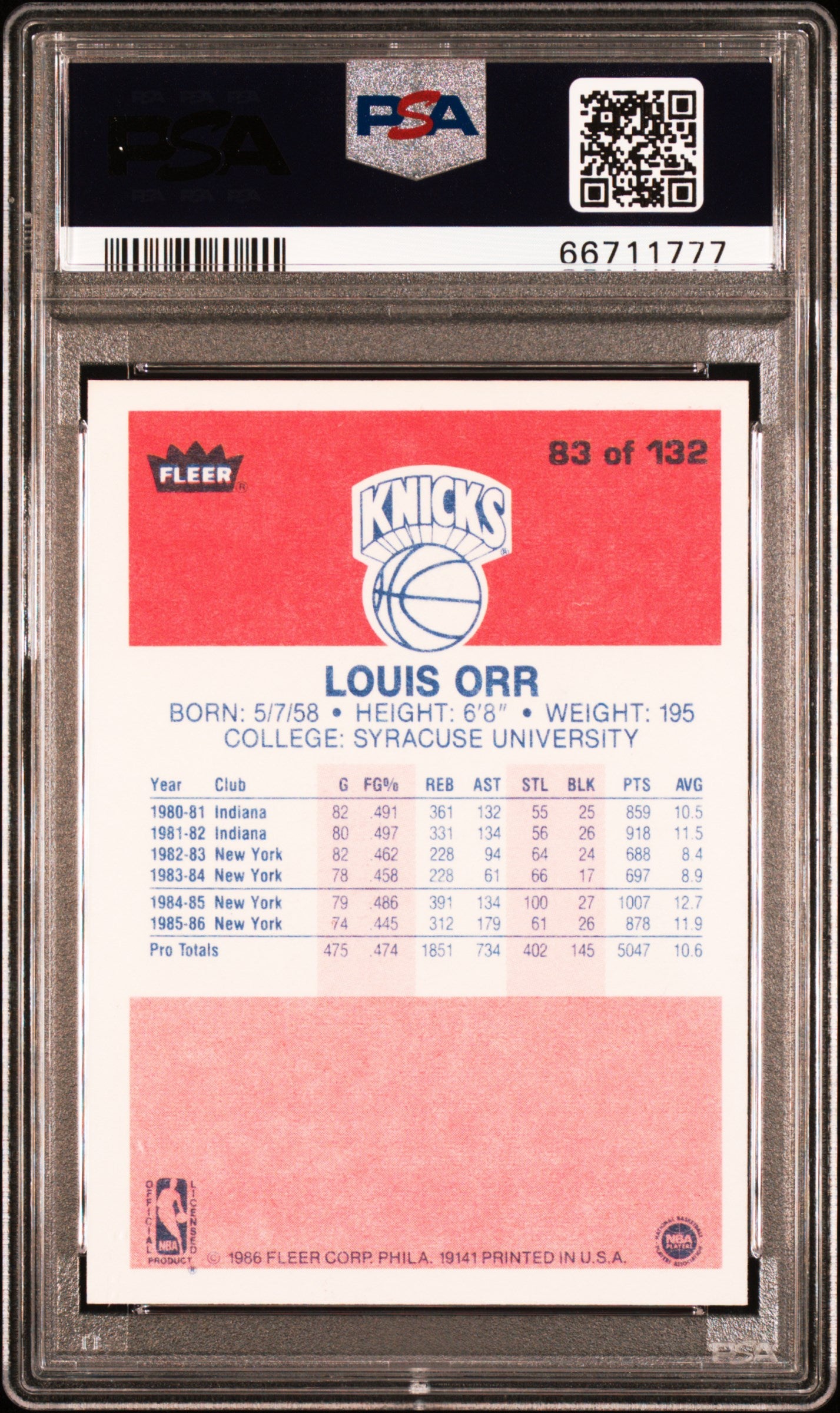 1986 Fleer Louis Orr #83 PSA 9