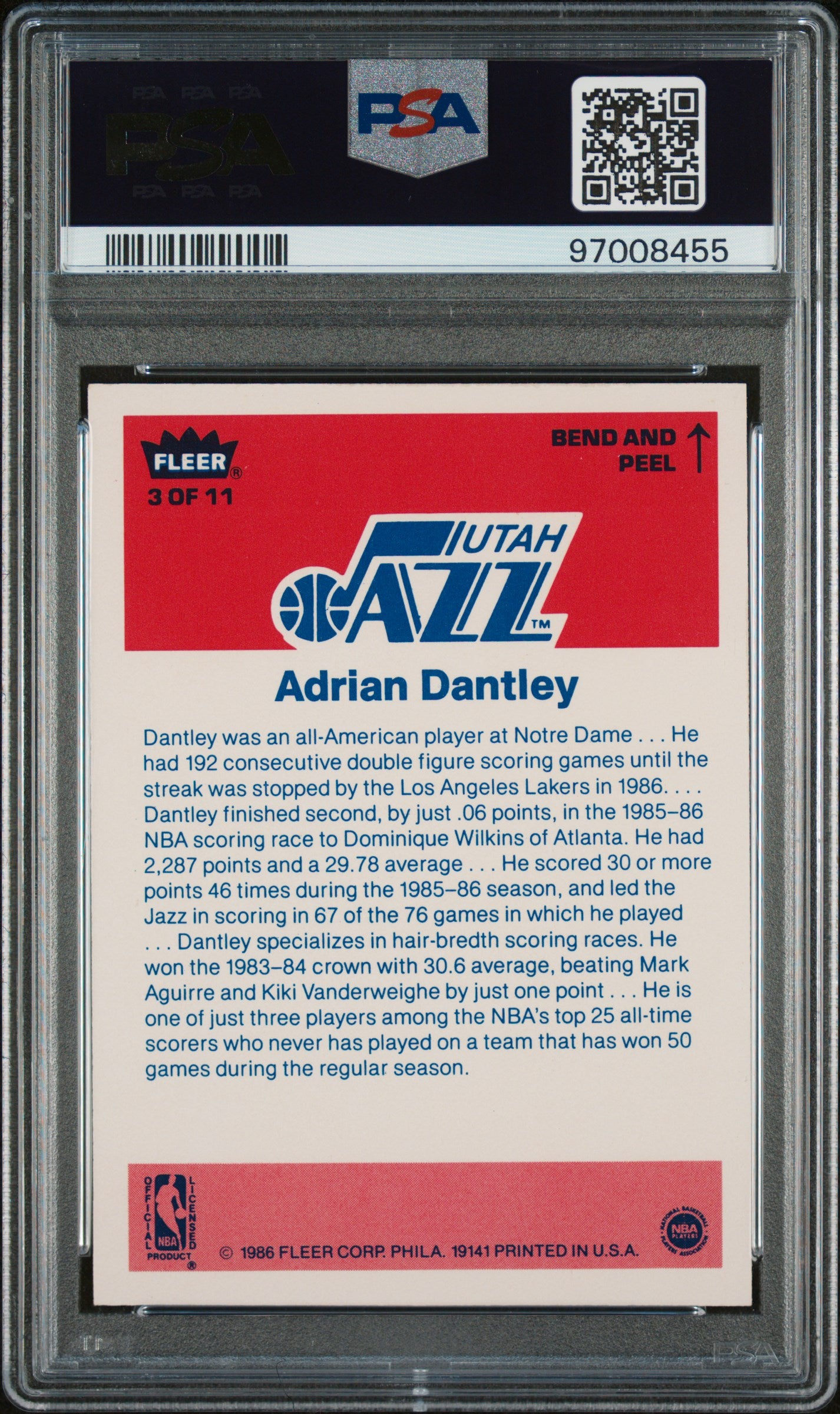 1986 Fleer Sticker Adrian Dantley #3 PSA 9