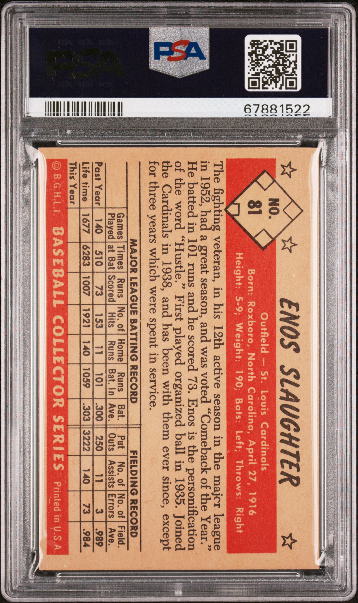 1953 Bowman Color Enos Slaughter #81 PSA 8.5